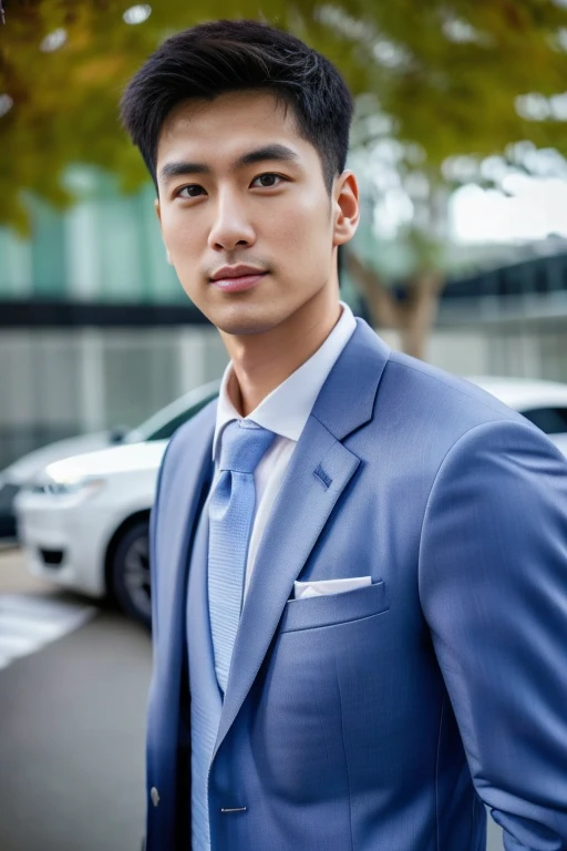 (One wearing a full light blue striped suit、White shirt、Tie、About 25 years old、Japanese men with a height of 180 cm)、((Fair and translucent facial skin))(( Facial light is soft and natural))best quality、masterpiece、Ultra-high resolution、(Photo realism:1.4)、original photo、(戶外街道上One wearing a full light blue striped suit、White shirt、Tie的年輕Handsome日本男人、Standing under the red maple tree、Red and big maple leaves、delicate leaves、branch details)、(There is a white BMW car next to the man、Man's hands on car roof) 、Octane Rendering、8K、Super sharp、realistic light、(There is only one white BMW car on the street、The man's shining eyes look directly in the direction of the camera)、LED、Ultra high quality、High、gentleman、very beautiful hair、bright photos、As handsome as a model、As handsome as an idol,Professional profile photo, Professional portrait photos、Realistic portrait photos, Detailed color portrait, Portrait of an idol, High quality portrait.arafficial asian man in a suit and tie standing in front of a car, wearing a light blue suit, Handsome chad chin, Mr. Jia, Inspired by Lee Joong-geun, Handsome man, wearing suit, Xiaorong, suit, in a suit, Roth Tan, blue suit, Handsome, well dressed, wearing fashion suit, steve zheng