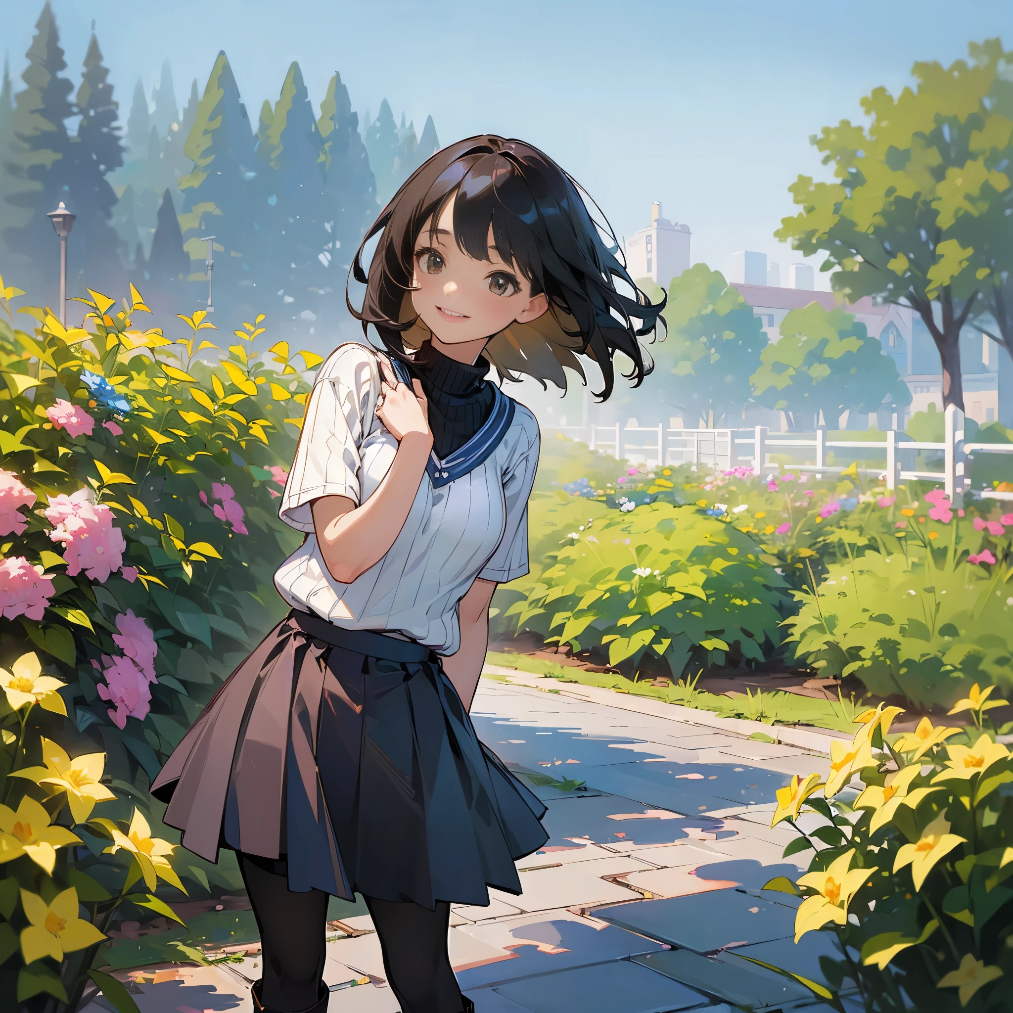 (high quality, High resolution, Very detailed, reality:1.37), Peaceful atmosphere, (Outdoor, garden), age girl standing alone, (my breasts are big.), Beautiful detail features, Cute Smile, (Black bob hair), Short sleeve ribbed sweater, Blue Skirt, black tights, Brown boots.