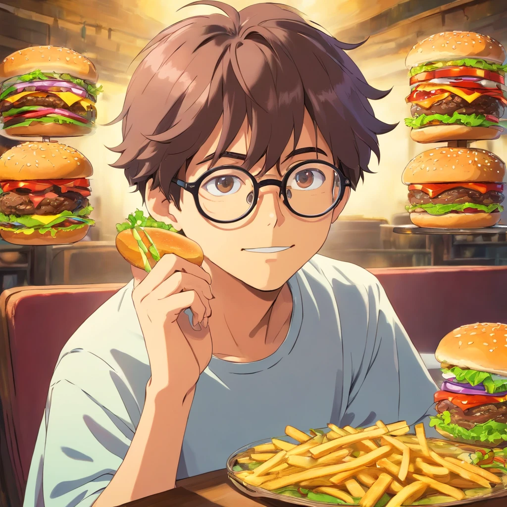 hamburger　male　Glasses