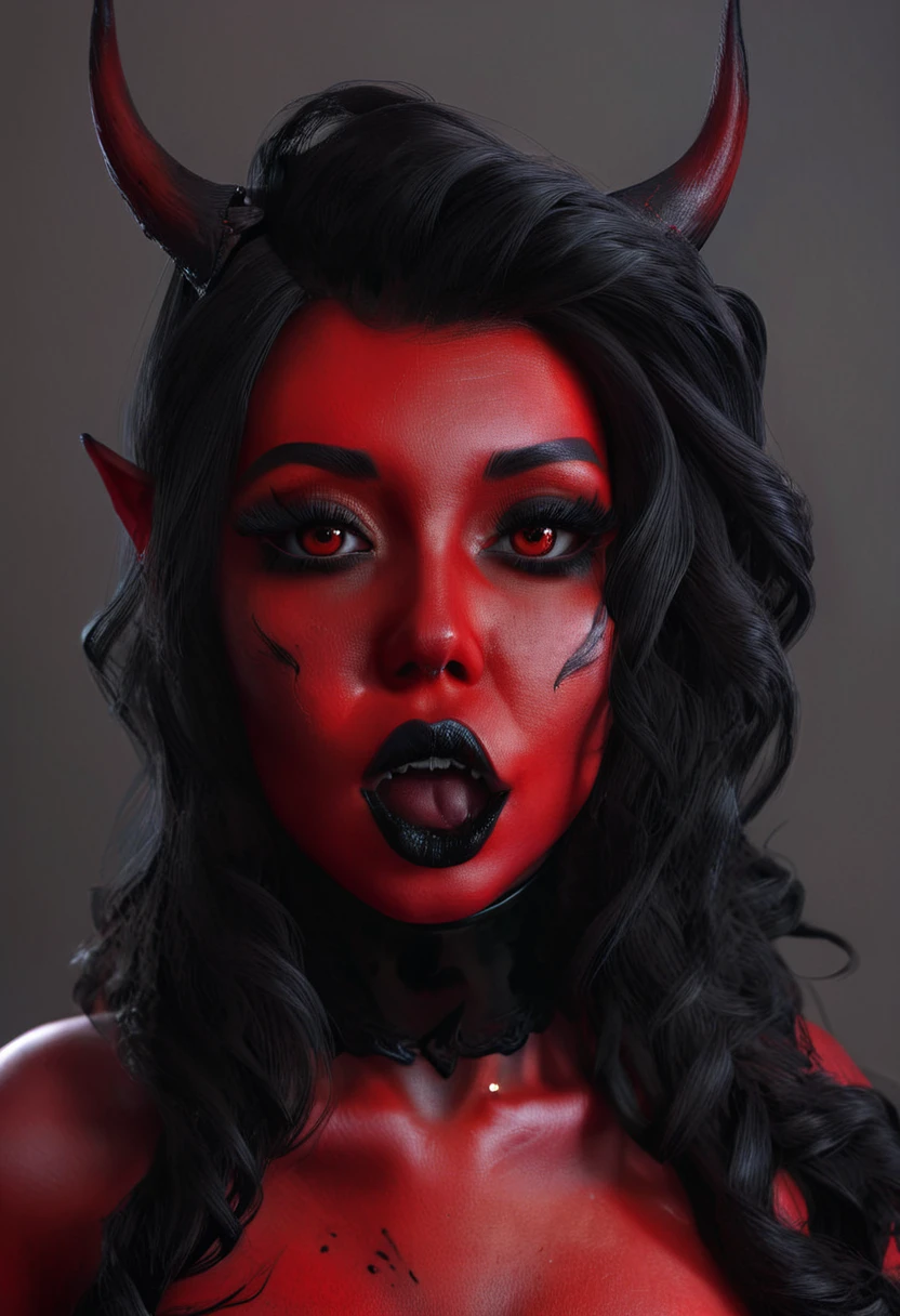 Realistic Beautyfull evil demonic sexy demented devil women,beautiful seductive facial expression,gorgeous facial features, highly detailed red skin, large curled devil horns, think curved jet black eyebrows, long luscious eyelashes, thick black eyeliner, jet black eye shadow, thick jet black lipstick,large hyper realistic detailed red eye, thin detailed little nose, high cheek bones, Cleft chin, small areolas, small perky darkred nipples, large voluptuous curved breasts, elegant figure, seductive hips, demonic devil outfit, large detailed demon wings,