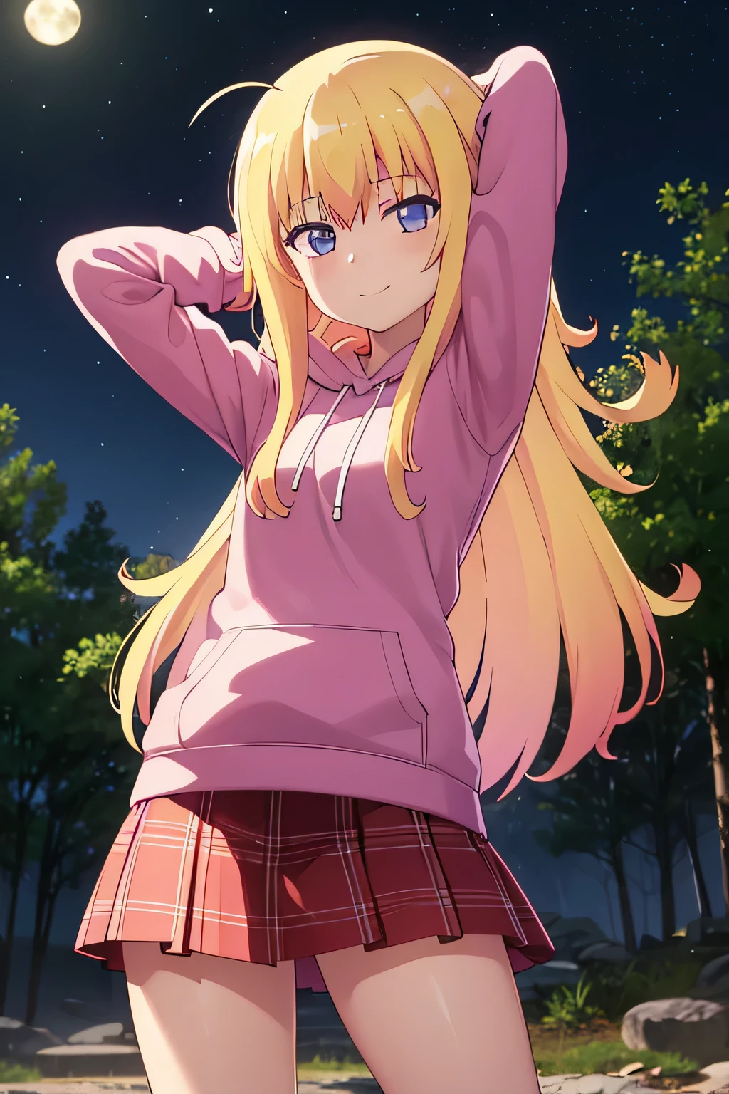 (extremely detailed CG unity 8k wallpaper), (masterpiece), (best quality), (ultra-detailed), (best illustration), (best shadow), (absurdres), 1girl, solo, gabriel white tenma, messy hair, ahoge,red bow, plaid skirt, pink hoodie, arms behind head, closed mouth, night sky, forest, spread armpits, contrapposto, (cowboy shot:1.5), blush, expressionless, smile,