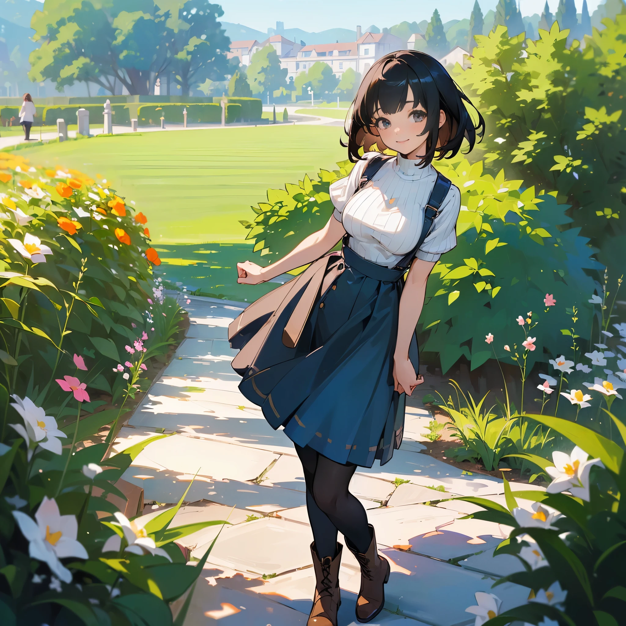 (high quality, High resolution, Very detailed, reality:1.37), Peaceful atmosphere, (Outdoor, garden), age girl standing alone, (my breasts are big.), Beautiful detail features, Cute Smile, (Black bob hair), Short sleeve ribbed sweater, Blue Skirt, black tights, Brown boots.