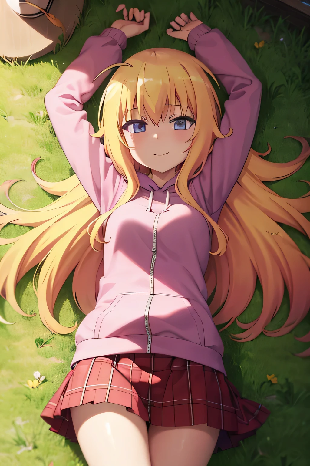 (extremely detailed CG unity 8k wallpaper), (masterpiece), (best quality), (ultra-detailed), (best illustration), (best shadow), (absurdres), 1girl, solo, gabriel white tenma, messy hair, ahoge, , red bow, plaid skirt, pink hoodie, closed mouth, spread arms, arms up, on back, on grass, looking at viewer, solo, center, smile, blushing, expressionless,  (cowboy shot:1.5)