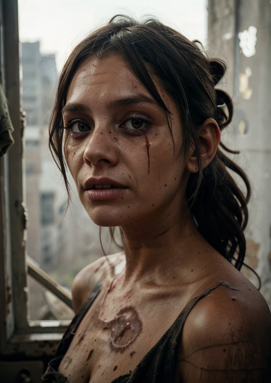 Best quality, masterpiece, ultra high res, photorealistic:1.5, raw photo,ultra reality, sexy woman crying, natural big breast,crazy expressions, sweaty, wet hair, bloody and bruised, barbed wire, white tank top, on the bloody battlefield, explosions, fires, many abandoned human corpses, city background, very realistic