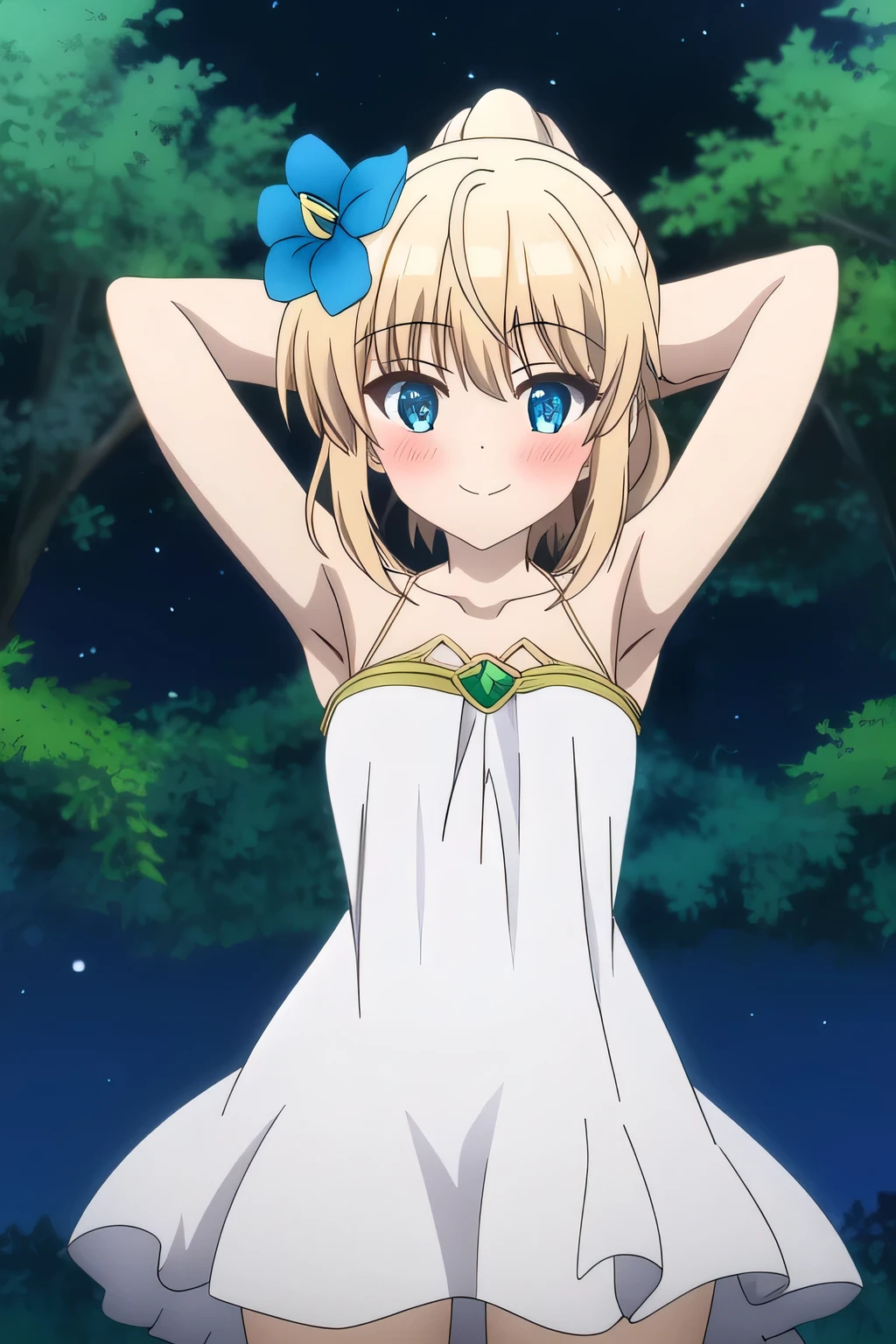 sora, anime art style, 1girl, solo, blush, bangs, blue_eyes, blonde_hair, hair_ornament, dress, bare_shoulders, collarbone, shy, ponytail, braid, flower, blushing, hair_flower, white_dress, blue_flower, solo, night sky, forest, arms behind head, looking at viewer, contrapposto, spread armpits, closed mouth, smile, (cowboy shot:1.5)