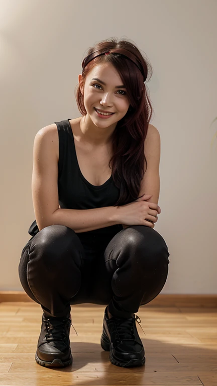 a 20 yo woman，Red-black mesh hair，long，ponyTail，sharp eye，Beautie，smile，Black attire，Sleeveless，up chest，head band（reddish），Forehead Rest，Tempered body，Delicately drawn realistic illustrations，Full body, facing the front, squat