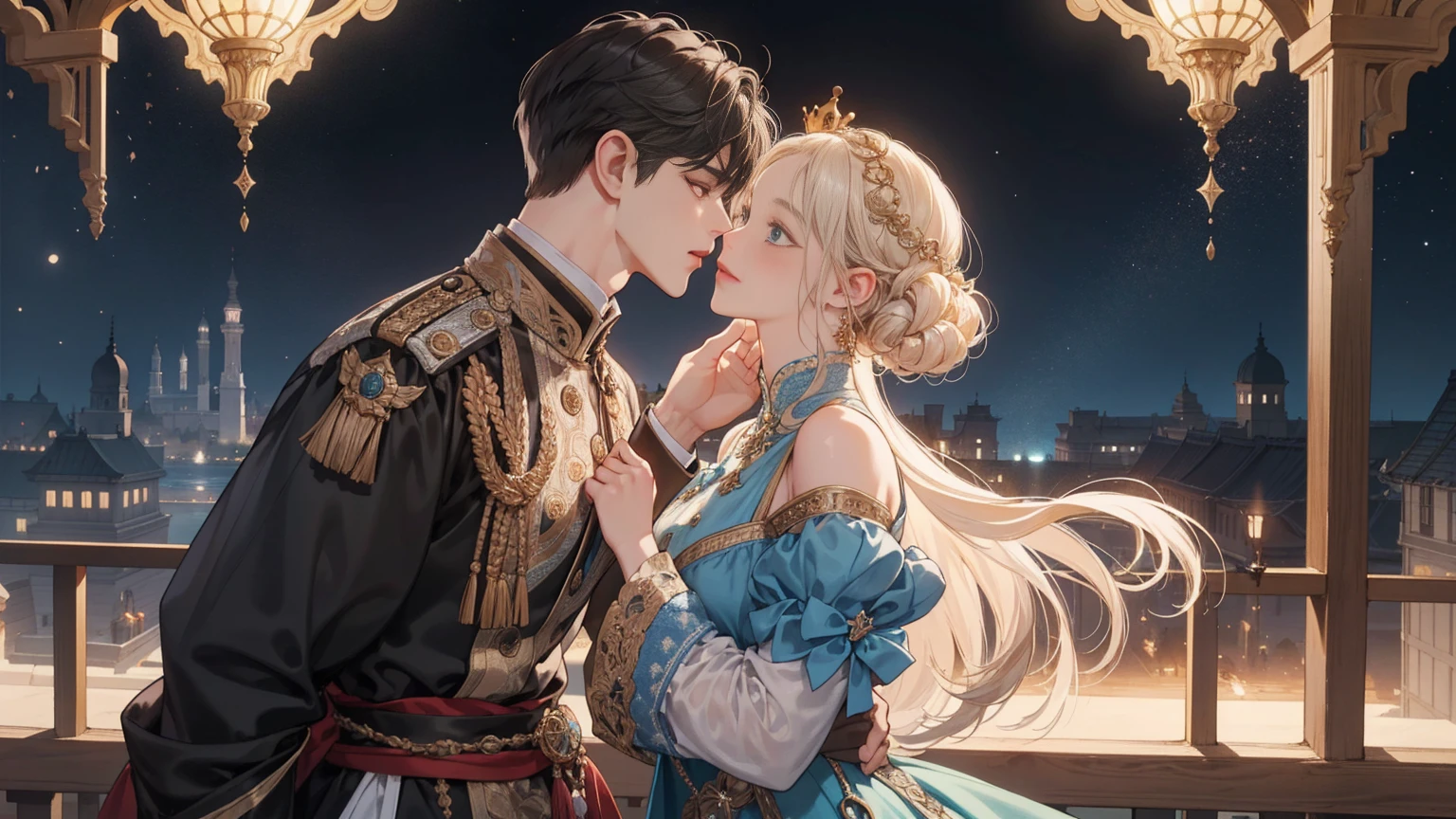 An intimate encounter between a man and a woman unfolds in a heartwarming and enchanting scene.。The stage is、The steppes of medieval Central Asia。The banks of the Ili River sparkling in sunlight。Fantastic and majestic continental scenery。Ethnic、Creates a romantic atmosphere。 They stand facing each other,。their heights are different from each other。 emphasizes their unique physical characteristics。 That man is his height,Has dark hair that frames his striking face。The man is the crown prince of the Turku nomadic empire in the steppes.。The man was wearing an ultramarine costume.、It is decorated with intricate golden embroidery.。Women are ordinary people of the Taklamakan Desert oasis, wearing Uighur national dress.。The woman is delicate and .。Her flowing, light-colored hair shows off her radiant beauty.。Their lips meet in a passionate kiss。 their pure love、Emphasis is placed on transcending class and culture.。 This magical moment captures the essence of their love。Evokes a sense of sweetness and seduction。symbolism、((Highly detailed CG unity 8k wallpaper))Impressionism、romantic、Persian miniature、The Romance of the Silk Road、Reminiscent of the style of Alma Tadema and Gustave Moreau、delicate、beautiful、It has an exotic, luxurious and profound charm.。digital art。。digital art。