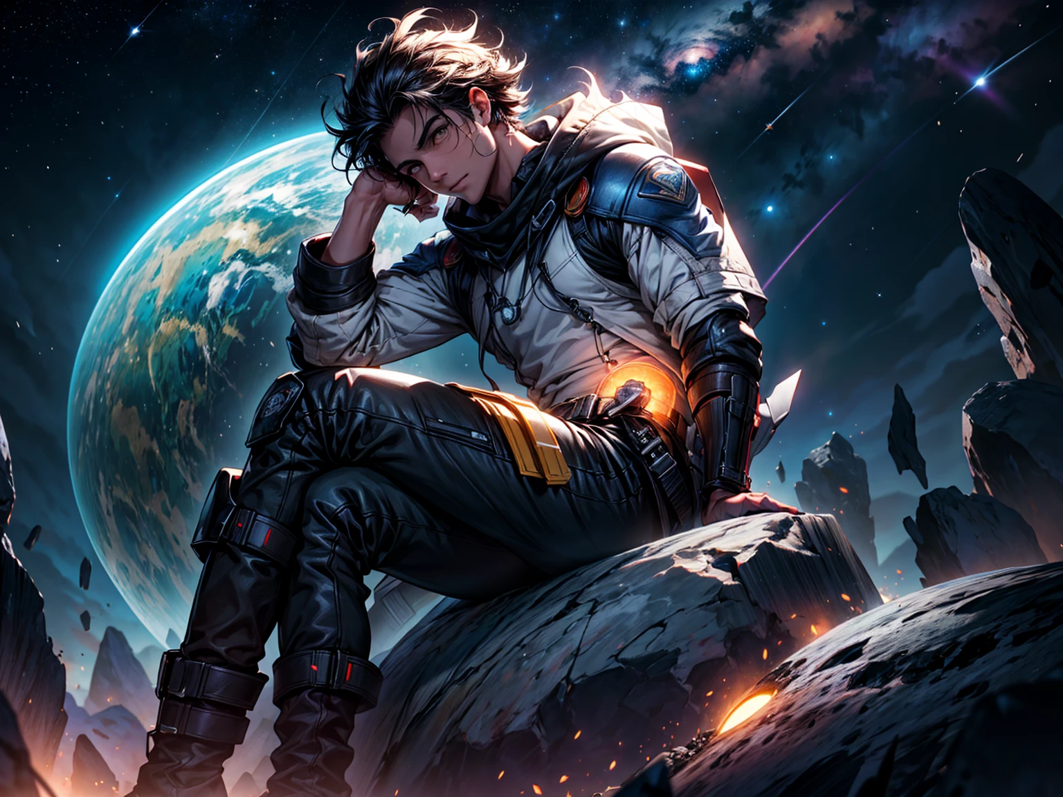 Dibuja un hombre joven programador., sitting on a research platform floating in the middle of an asteroid belt, rodeado por varios asteroides que brillan con auras de fuego. Spectacular illumination of distant stars and planets illuminates the scene., proyectando sombras profundas sobre el traje. El joven parece confiado y decidido., mirando el vasto y misterioso universo con asombro y respeto,vello facial, tiro de vaquero,