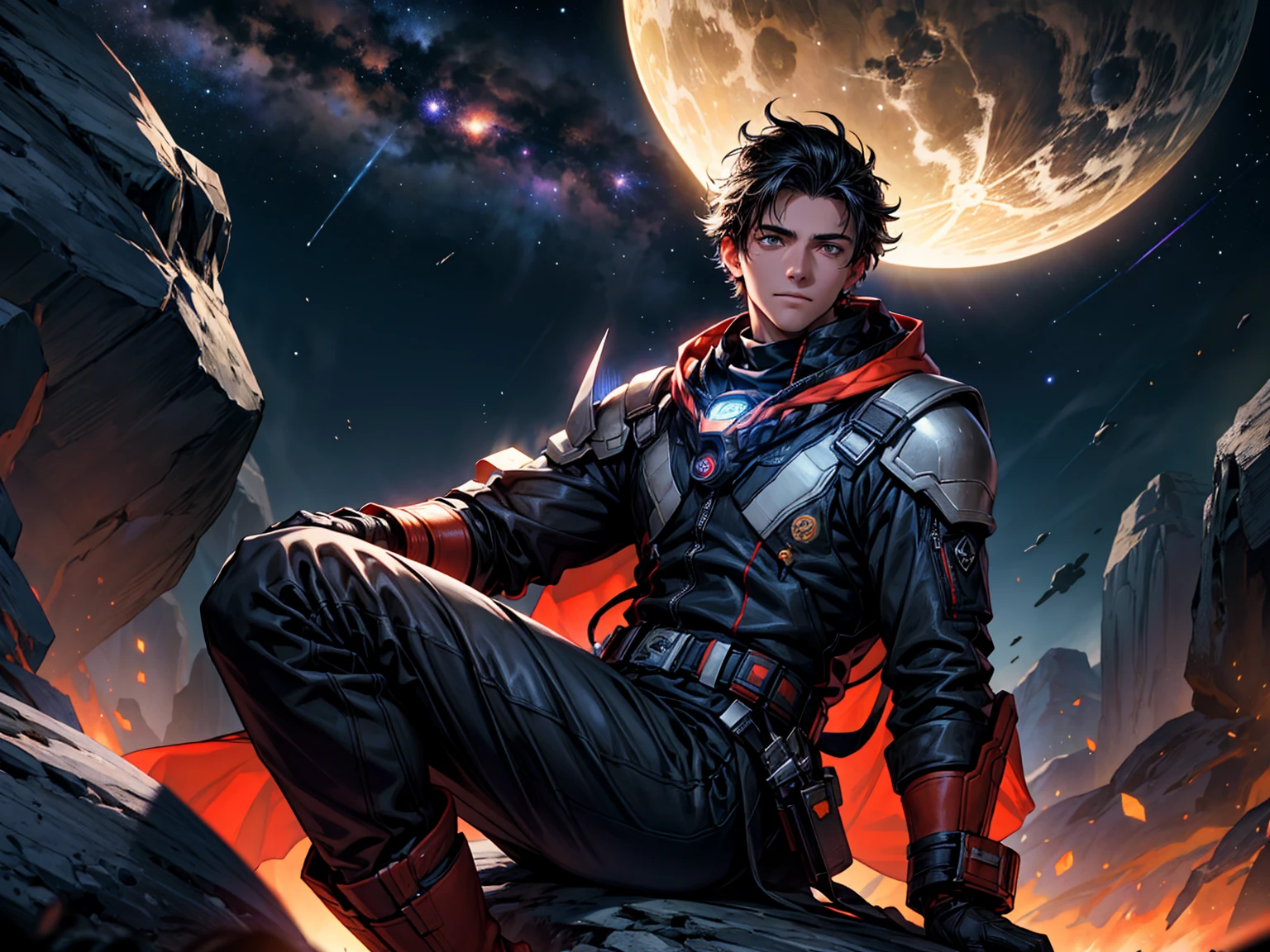 Dibuja un hombre joven programador., sitting on a research platform floating in the middle of an asteroid belt, rodeado por varios asteroides que brillan con auras de fuego. Spectacular illumination of distant stars and planets illuminates the scene., proyectando sombras profundas sobre el traje. El joven parece confiado y decidido., mirando el vasto y misterioso universo con asombro y respeto,vello facial, tiro de vaquero,