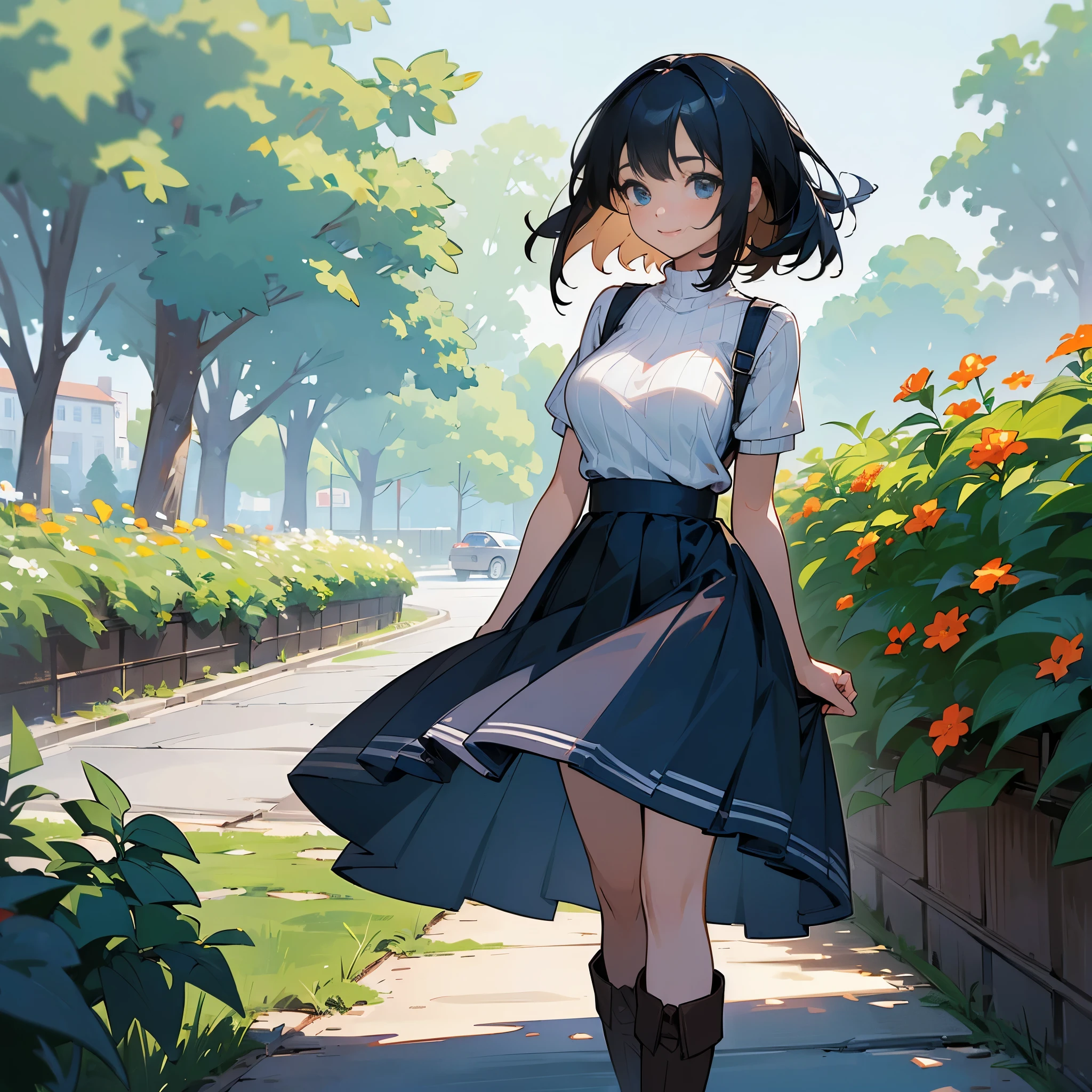 (high quality, High resolution, Very detailed, reality:1.37), Peaceful atmosphere, (Outdoor, garden), teenage girl standing alone, (my breasts are big.), Beautiful detail features, Cute Smile, (Black bob hair), Short sleeve ribbed sweater, Blue Skirt, black tights, Brown boots.