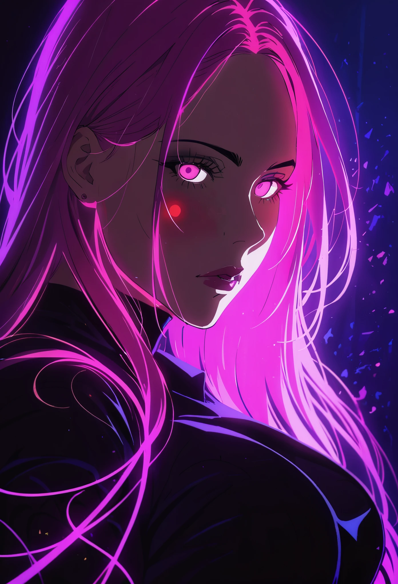 (Portrait of a mysterious Libra:3.0),indoor,Fluorescent illumination, (((Darkness shrouded, black background, shadow, extreme darkness, Dark atmosphere:1.8))),,Wall background,black background,silhouette,shadow,extreme darkness,Minimalist graffiti style background,Fluorescent pink eye graffiti,Dark atmosphere,cowboy shot,1girl,(shortest Short shirt cutting1.8),huge Breast,underboob,blurred background,Blurred foreground,Pink fluorescent hair,Fluorescent pink eyes,Hand raised and touching hair,long hair,Messy hair,Low rise denim shorts,Over-the-knee boots,pink eye shadow,Ruined eyeshadow,Poker face