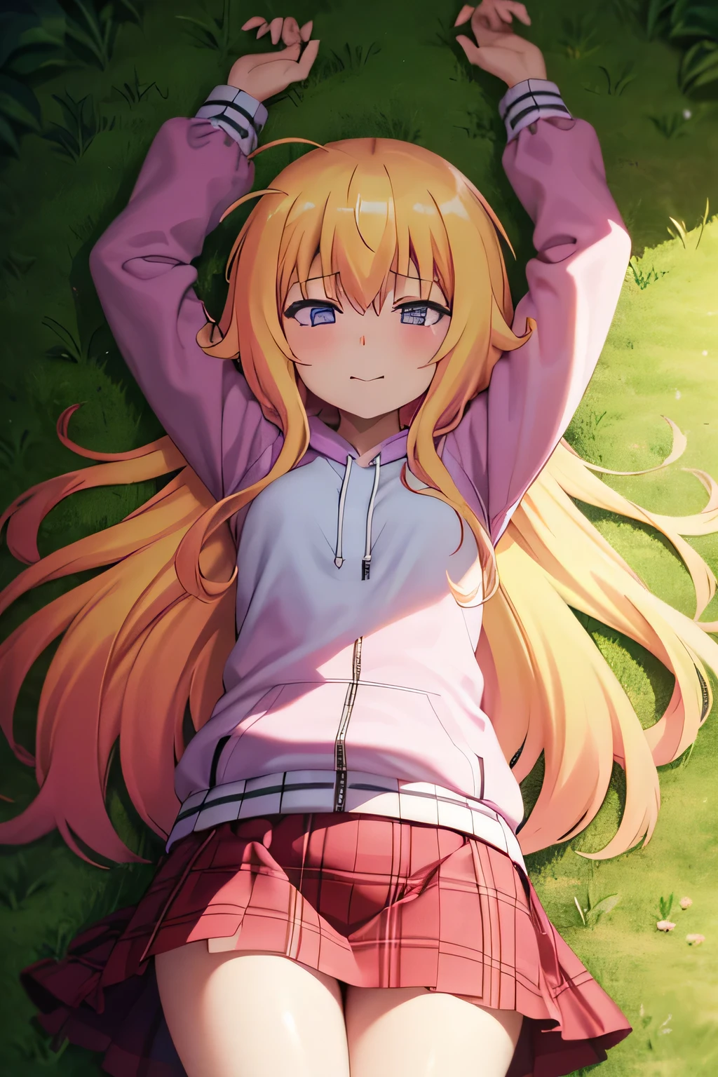 (extremely detailed CG unity 8k wallpaper), (masterpiece), (best quality), (ultra-detailed), (best illustration), (best shadow), (absurdres), 1girl, solo, gabriel white tenma, messy hair, ahoge, , red bow, plaid skirt, pink hoodie, closed mouth, spread arms, arms up, on back, on grass, looking at viewer, solo, center, smile, blushing, expressionless,  (cowboy shot:1.5)