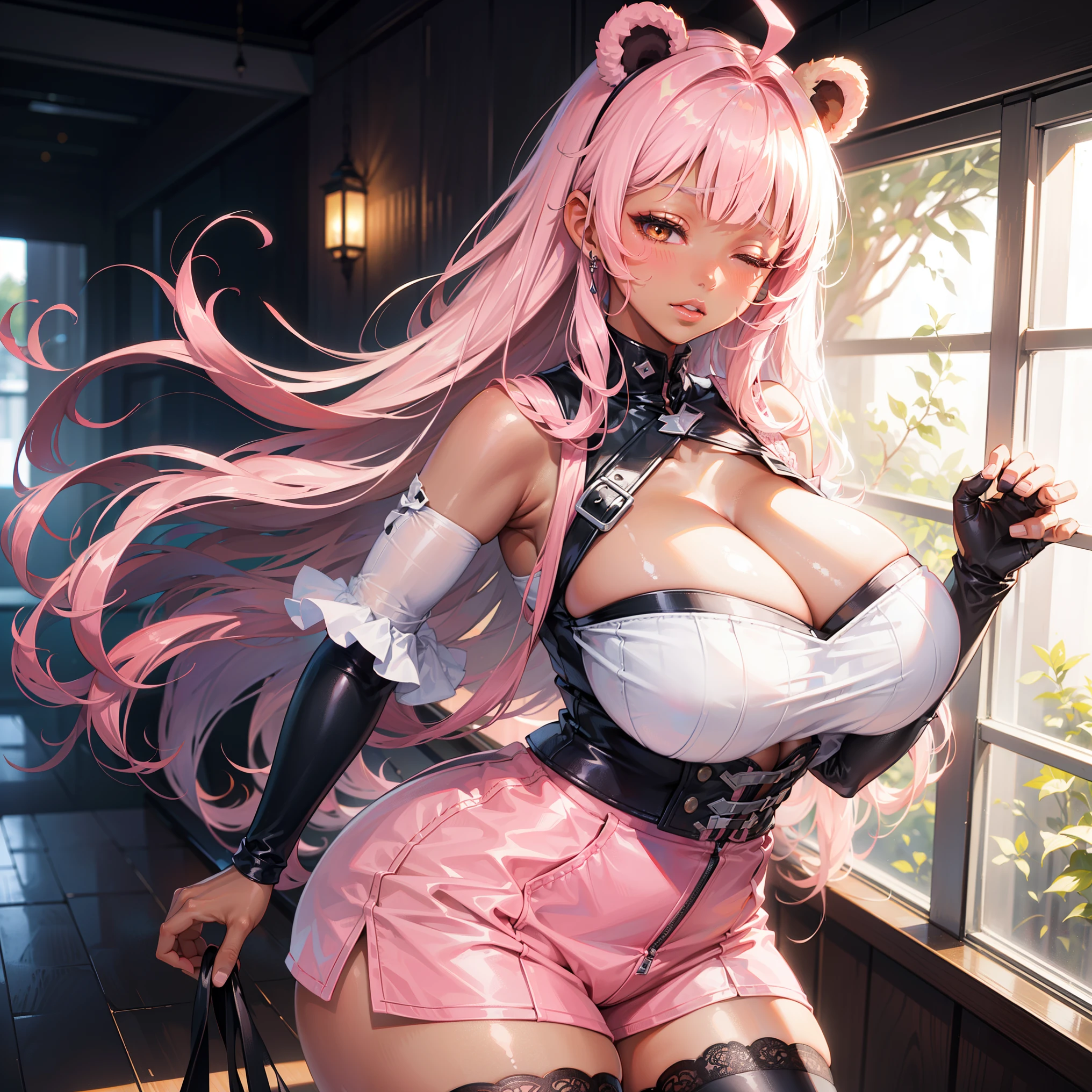 (((((1girl))))), ((anime)), (pink hair), (extremely long hair), (curly hair), (ahoge), (blunt bangs), ((((((dark skin)))))), ((huge breasts)), ((brown eyes)), ((half-closed eyes)), (cleavage), (thick thighs), (((thick lips))), ((wide hips)), (thighhighs), (short shorts), ((pink outfit)), ((lace)), super detailed, ((best quality)), highres, UHD, textured skin, ((pink)), ((indoor)), full of lights, Real Human, ((bear ears)), huge breasts, ((perfect hands)), ((dynamic)), ((kabedon)),