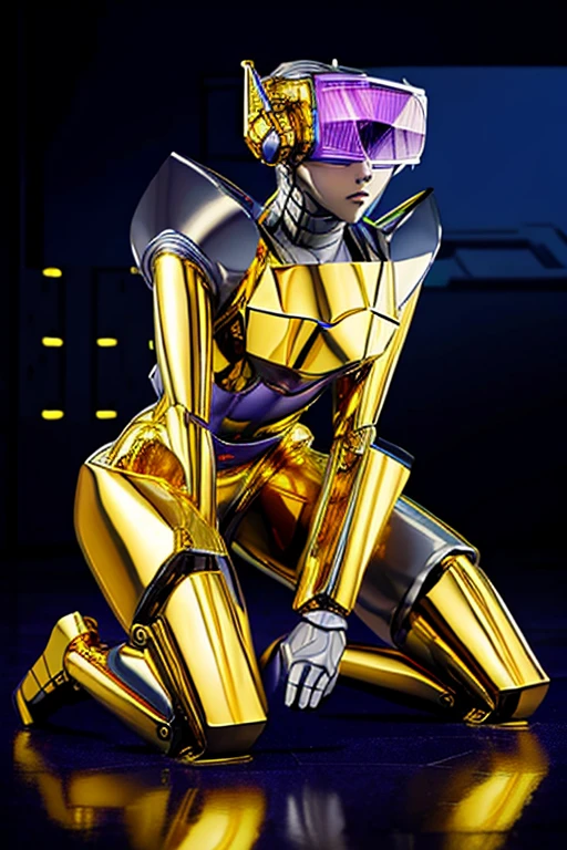 5 8K UHD、A mechanical beauty in a gold metallic body wearing glasses is kneeling、A silver metal robot with shiny skin