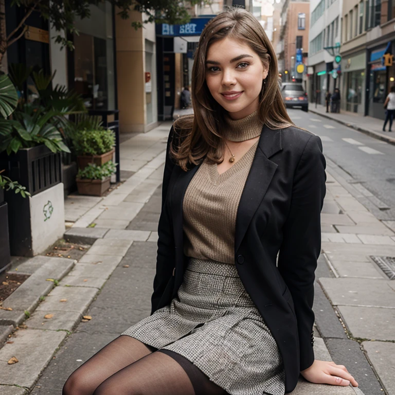 Kate Upton dressed in blazer and skirt with pantyhose smiling