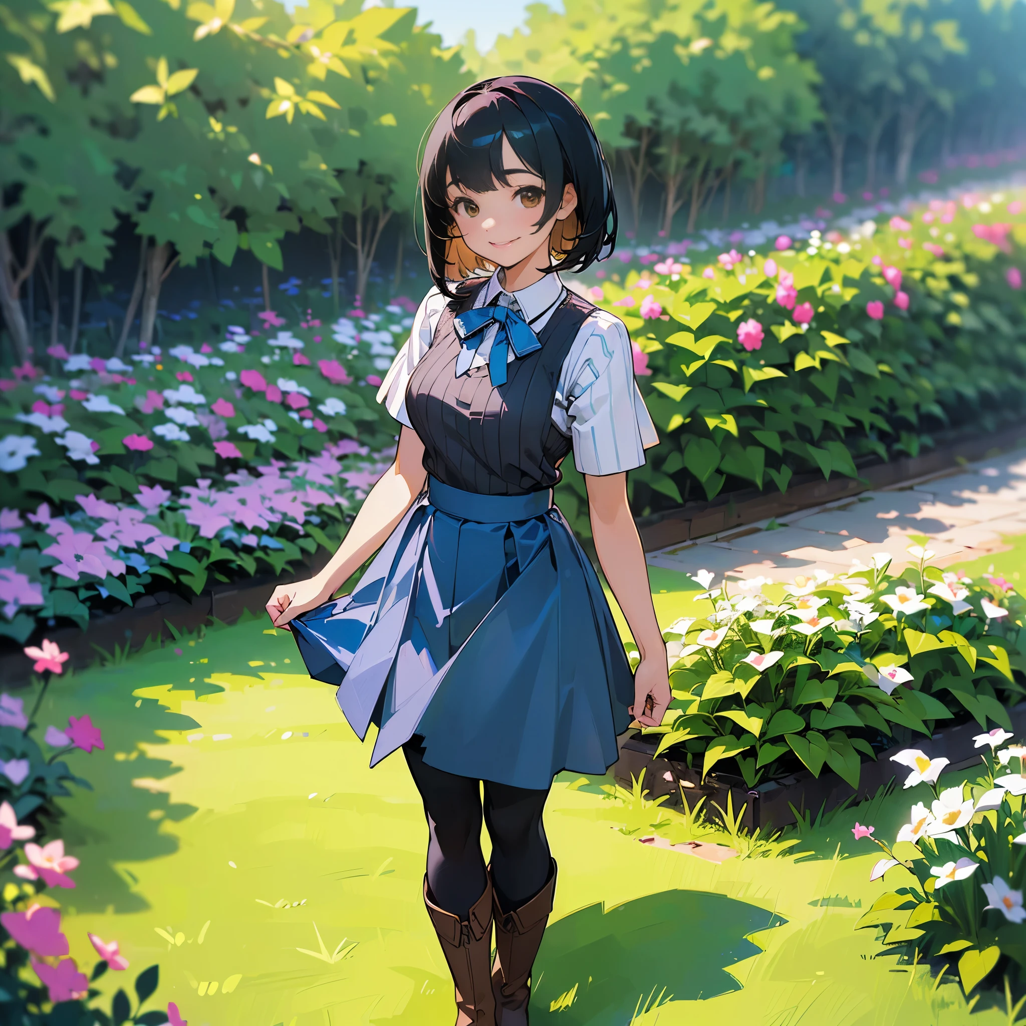 (high quality, High resolution, Very detailed, reality:1.37), Peaceful atmosphere, (Outdoor, garden), teenage girl standing alone, (my breasts are big.), Beautiful detail features, Cute Smile, (Black bob hair), Short sleeve ribbed sweater, Blue Skirt, black tights, Brown boots.