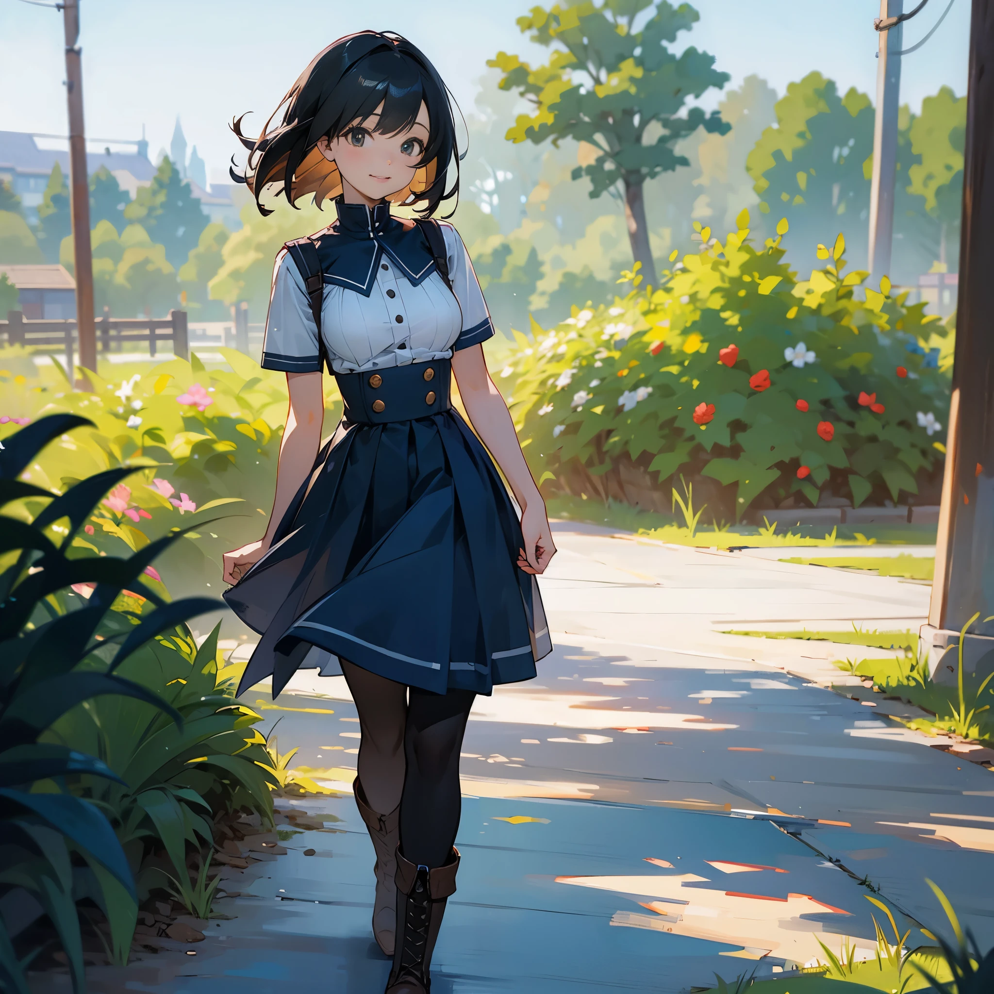 (high quality, High resolution, Very detailed, reality:1.37), Peaceful atmosphere, (Outdoor, garden),  girl standing alone, (my breasts are big.), Beautiful detail features, Cute Smile, (Black bob hair), Short sleeve ribbed sweater, Blue Skirt, black tights, Brown boots.