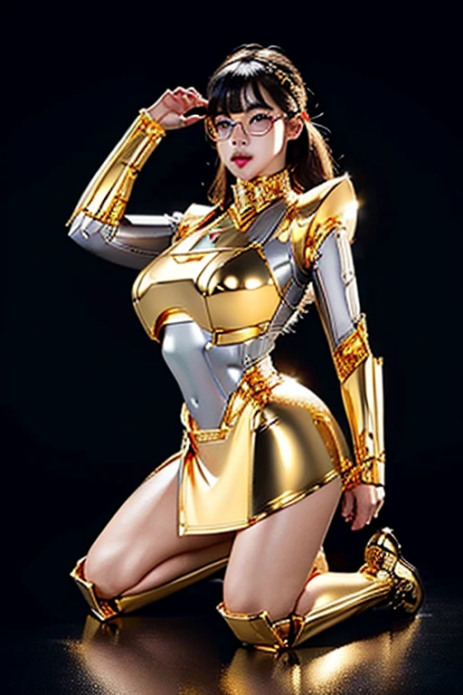 5 8K UHD、A mechanical beauty in a gold metallic body wearing glasses is kneeling、A silver metal robot with shiny skin