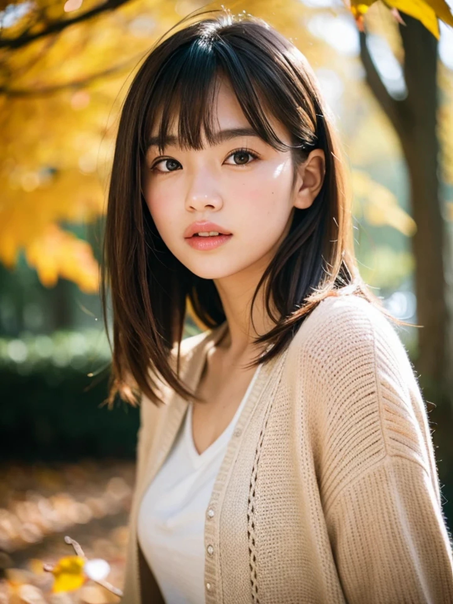 masterpiece, Best Quality, Raw photo, 8K, ultra-detailed face, 1beautiful girl, full body, Beautiful detailed skin, backlight, soft light, bashful, (shoot from front:1.2), happy sad, open your mouth to say something, Luminescent, Anatomically correct, Medium hair, bangs, hair blown by the wind, Eyes and faces with detailed, Textured skin, Professional Photography, Bokeh, Portrait, Professional Lighting, Solo, Cute, Girly, Film grain, Autumn leaves, autumn-appropriate clothing,