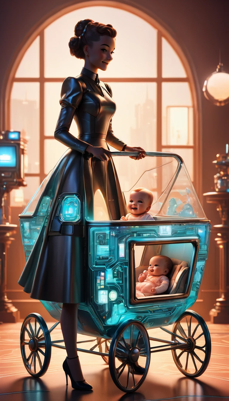 Future character design，Retro Future，(Butler in a holographic retro dress，Smiling looking at cute human baby in cradle)，Nice room, 3D, Futuristic cyberpunk style，，Like a dream