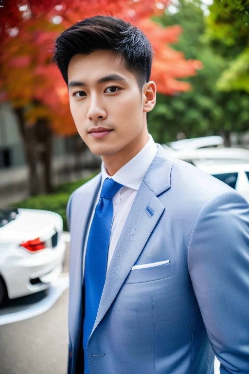 (One wearing a full light blue striped suit、White shirt、Tie、About 25 years old、Japanese men with a height of 180 cm)、((Fair and translucent facial skin))(( Facial light is soft and natural))best quality、masterpiece、Ultra-high resolution、(Photo realism:1.4)、original photo、(戶外街道上One wearing a full light blue striped suit、White shirt、Tie的年輕Handsome日本男人、Standing under the red maple tree、Red and big maple leaves、delicate leaves、branch details)、(There is a white BMW car next to the man、Man's hands on car roof) 、Octane Rendering、8K、Super sharp、realistic light、(There is only one white BMW car on the street、The man's shining eyes look directly in the direction of the camera)、LED、Ultra high quality、High、gentleman、very beautiful hair、bright photos、As handsome as a model、As handsome as an idol,Professional profile photo, Professional portrait photos、Realistic portrait photos, Detailed color portrait, Portrait of an idol, High quality portrait.arafficial asian man in a suit and tie standing in front of a car, wearing a light blue suit, Handsome chad chin, Mr. Jia, Inspired by Lee Joong-geun, Handsome man, wearing suit, Xiaorong, suit, in a suit, Roth Tan, blue suit, Handsome, well dressed, wearing fashion suit, steve zheng
