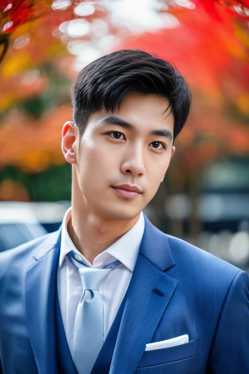 (One wearing a full light blue striped suit、White shirt、Tie、About 25 years old、Japanese men with a height of 180 cm)、((Fair and translucent facial skin))(( Facial light is soft and natural))best quality、masterpiece、Ultra-high resolution、(Photo realism:1.4)、original photo、(戶外街道上One wearing a full light blue striped suit、White shirt、Tie的年輕Handsome日本男人、Standing under the red maple tree、Red and big maple leaves、delicate leaves、branch details)、(There is a white BMW car next to the man、Man&#39;s hands on car roof) 、Octane Rendering、8K、Super sharp、realistic light、(There is only one white BMW car on the street、The man&#39;s shining eyes look directly in the direction of the camera)、LED、Ultra high quality、High、gentleman、very beautiful hair、bright photos、As handsome as a model、As handsome as an idol,Professional profile photo, Professional portrait photos、Realistic portrait photos, Detailed color portrait, Portrait of an idol, High quality portrait.arafficial asian man in a suit and tie standing in front of a car, wearing a light blue suit, Handsome chad chin, Mr. Jia, Inspired by Lee Joong-geun, Handsome man, wearing suit, Xiaorong, suit, in a suit, Roth Tan, blue suit, Handsome, well dressed, wearing fashion suit, steve zheng