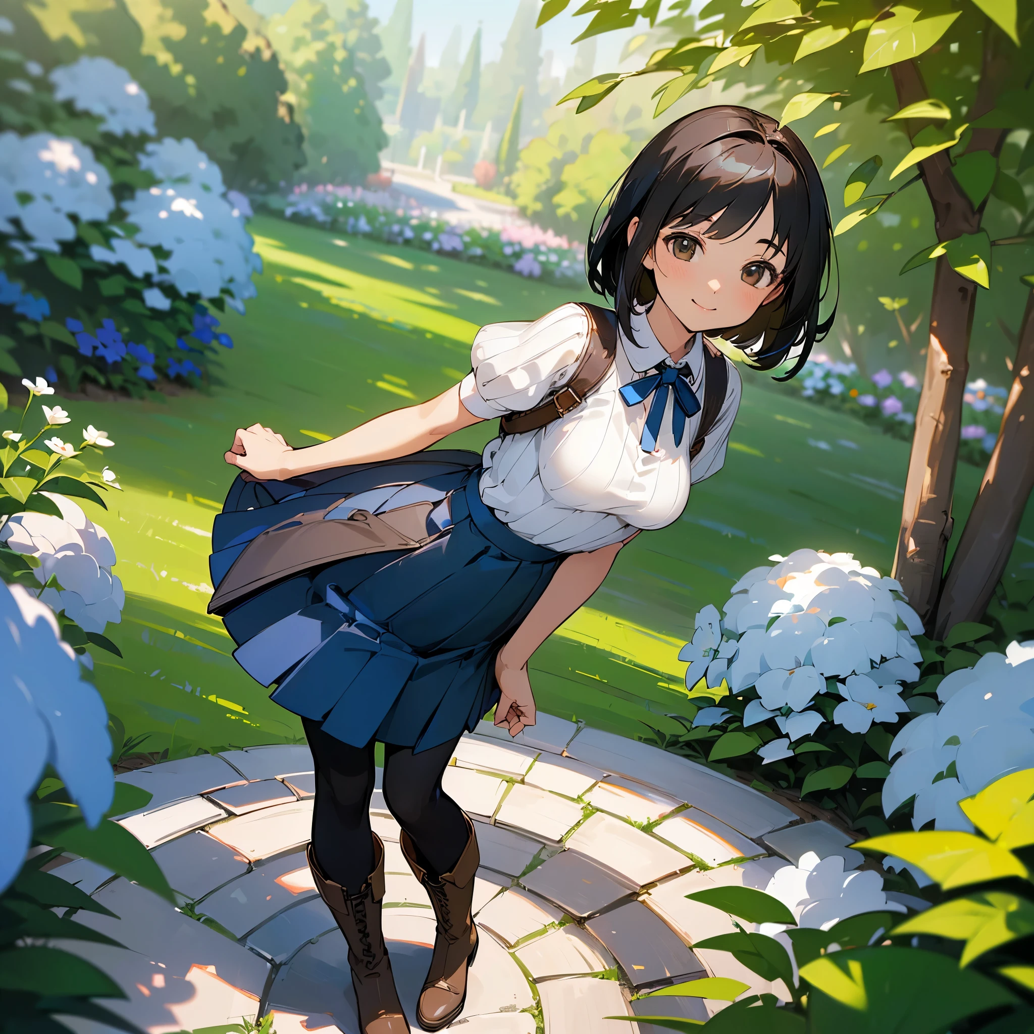 (high quality, High resolution, Very detailed, reality:1.37), Peaceful atmosphere, (Outdoor, garden), teenage girl standing alone, (my breasts are big.), Beautiful detail features, Cute Smile, (Black bob hair), Short sleeve ribbed sweater, Blue Skirt, black tights, Brown boots.