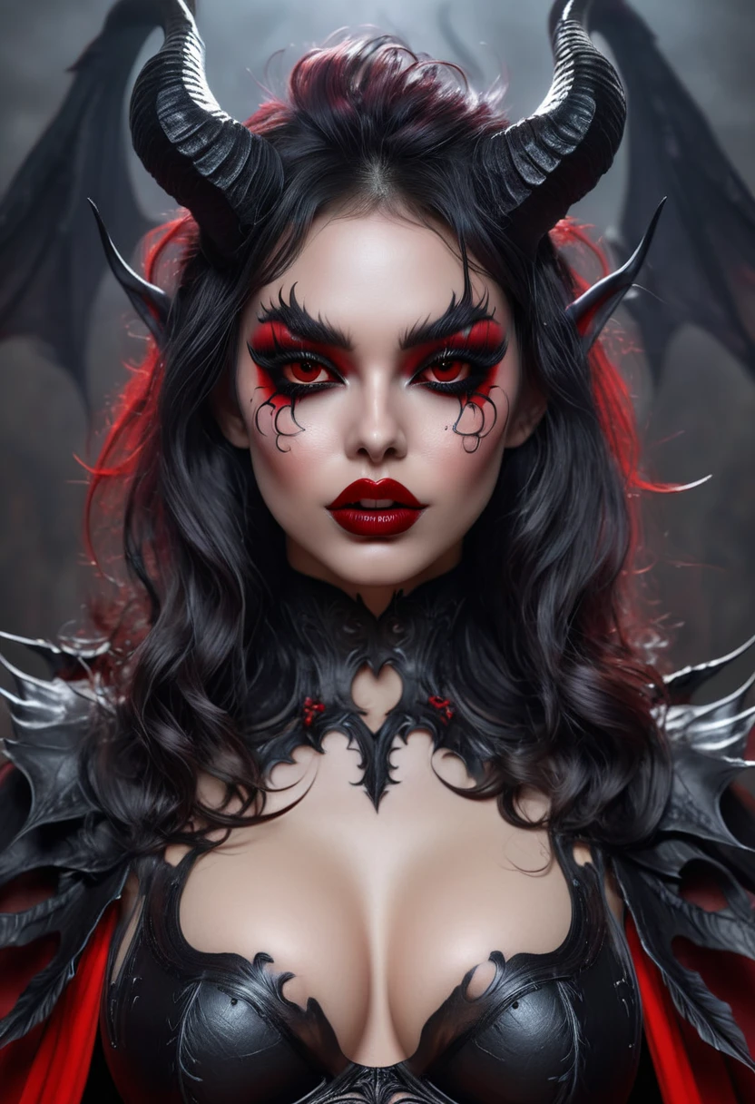 Realistic Beautyfull evil demonic sexy demented devil women,beautiful seductive facial expression,gorgeous facial features, highly detailed red skin, large curled devil horns, think curved jet black eyebrows, long luscious eyelashes, thick black eyeliner, jet black eye shadow, thick jet black lipstick,large hyper realistic detailed red eye, thin detailed little nose, high cheek bones, Cleft chin, small areolas, small perky darkred nipples,  large voluptuous curved breasts, elegant figure, seductive hips, demonic devil outfit, large detailed demon wings,