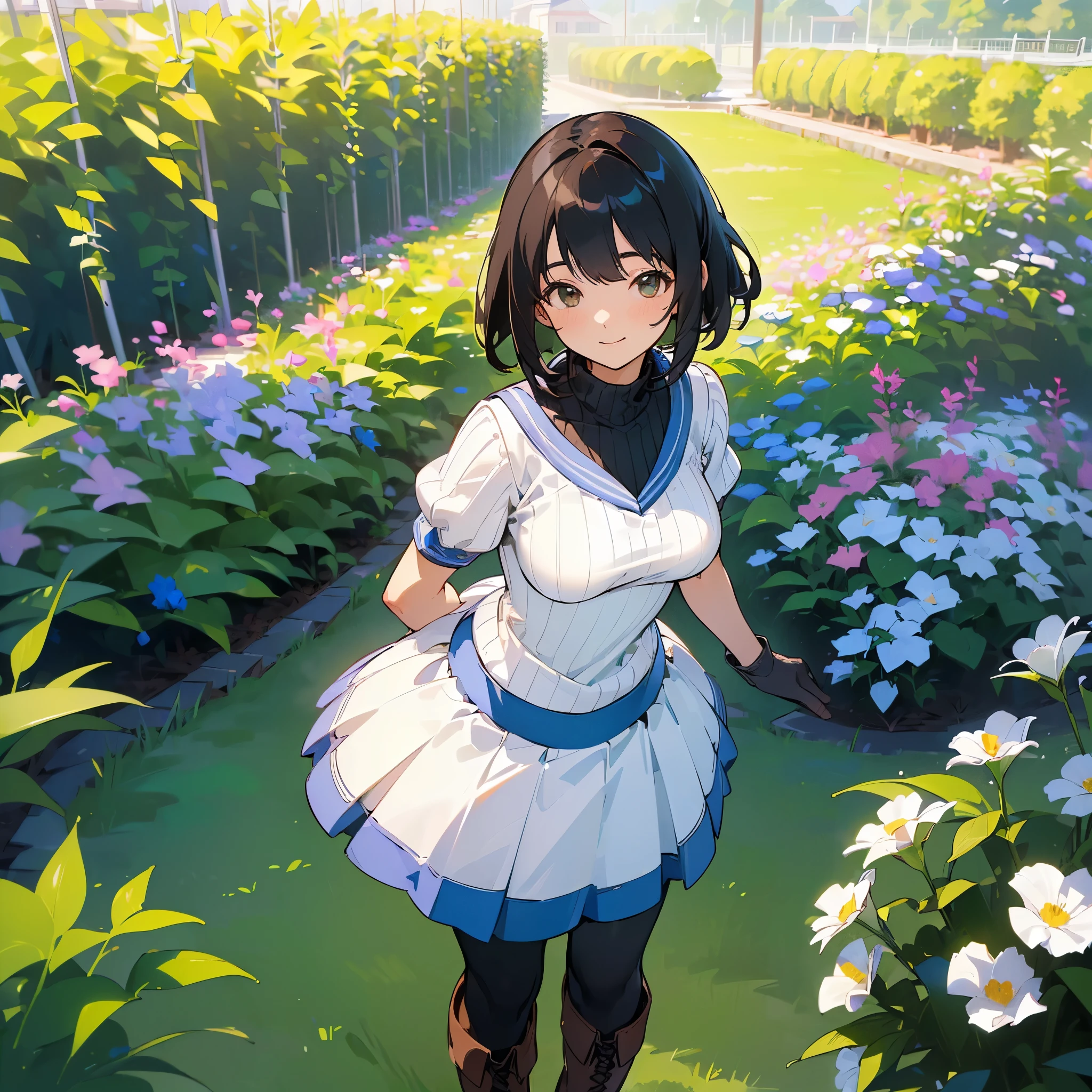 (high quality, High resolution, Very detailed, reality:1.37), Peaceful atmosphere, (Outdoor, garden), age girl standing alone, (my breasts are big.), Beautiful detail features, Cute Smile, (Black bob hair), Short sleeve ribbed sweater, Blue Skirt, black tights, Brown boots.