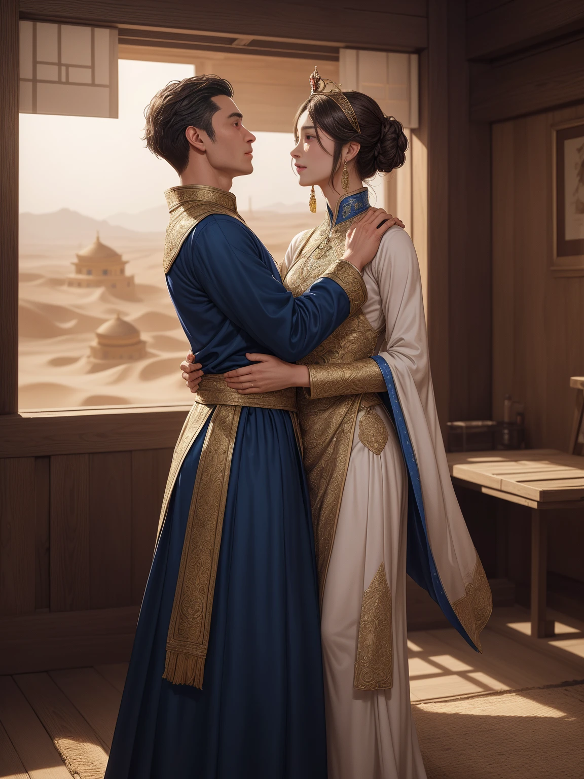 An intimate encounter between a man and a woman unfolds in a heartwarming and enchanting scene.。The stage is、The steppes of medieval Central Asia。The banks of the Ili River sparkling in sunlight。Fantastic and majestic continental scenery。Ethnic、Creates a romantic atmosphere。 They stand facing each other,。their heights are different from each other。 emphasizes their unique physical characteristics。 That man is his height,Has dark hair that frames his striking face。The man is the crown prince of the Turku nomadic empire in the steppes.。The man was wearing an ultramarine costume.、It is decorated with intricate golden embroidery.。Women are ordinary people of the Taklamakan Desert oasis, wearing Uighur national dress.。The woman is delicate and .。Her flowing, light-colored hair shows off her radiant beauty.。Their lips meet in a passionate kiss。 their pure love、Emphasis is placed on transcending class and culture.。 This magical moment captures the essence of their love。Evokes a sense of sweetness and seduction。symbolism、((Highly detailed CG unity 8k wallpaper))Impressionism、romantic、Persian miniature、The Romance of the Silk Road、Reminiscent of the style of Alma Tadema and Gustave Moreau、delicate、beautiful、It has an exotic, luxurious and profound charm.。digital art。。digital art。