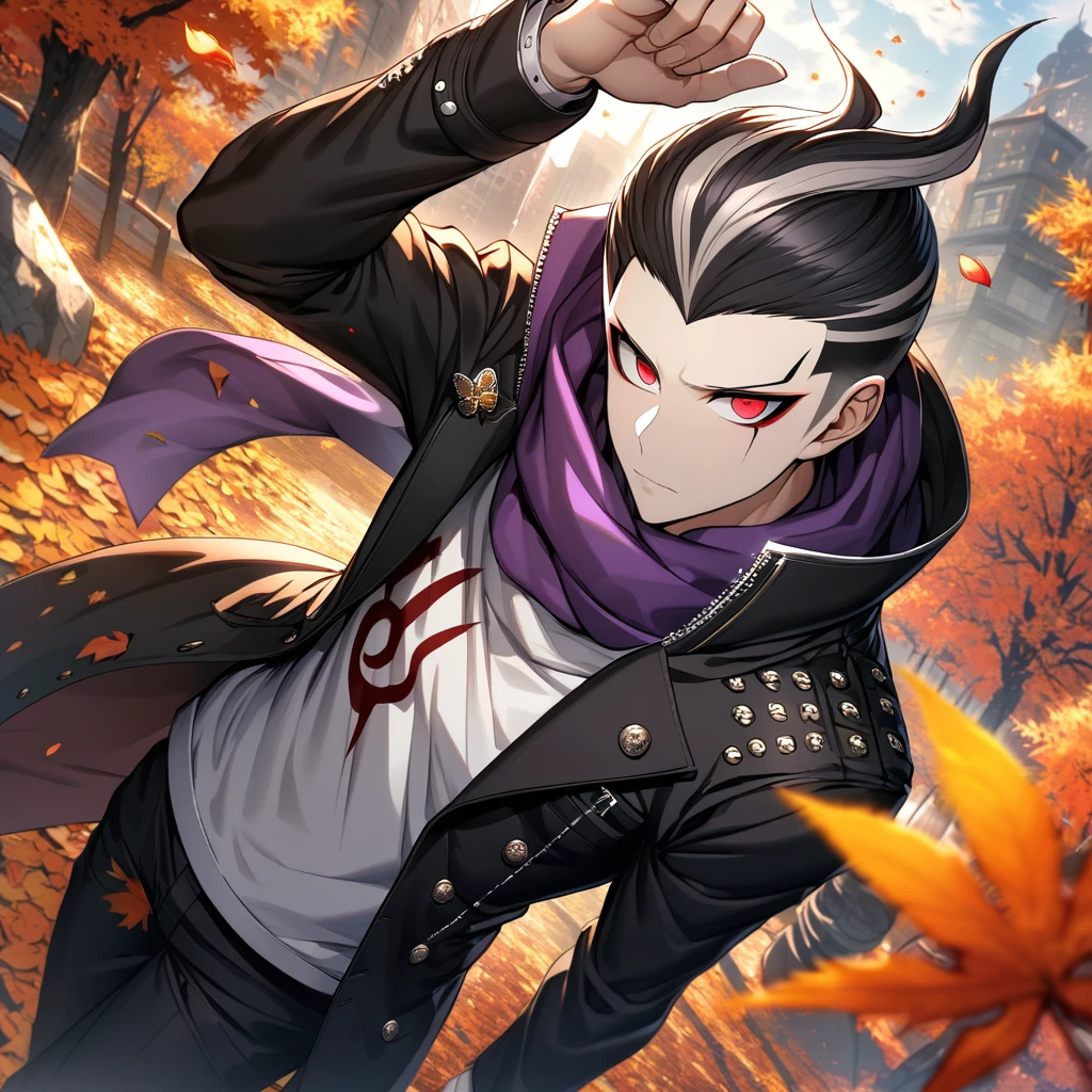 Ultra detailed, Highres, absurdres, HDR, Tanaka Gundham, red eyes, black hair, Danganronpa, orange leaves, petals, butterflies, handsome, 1 man, black long coat, white tight t-shirt, autumn, black pants, purple scarf