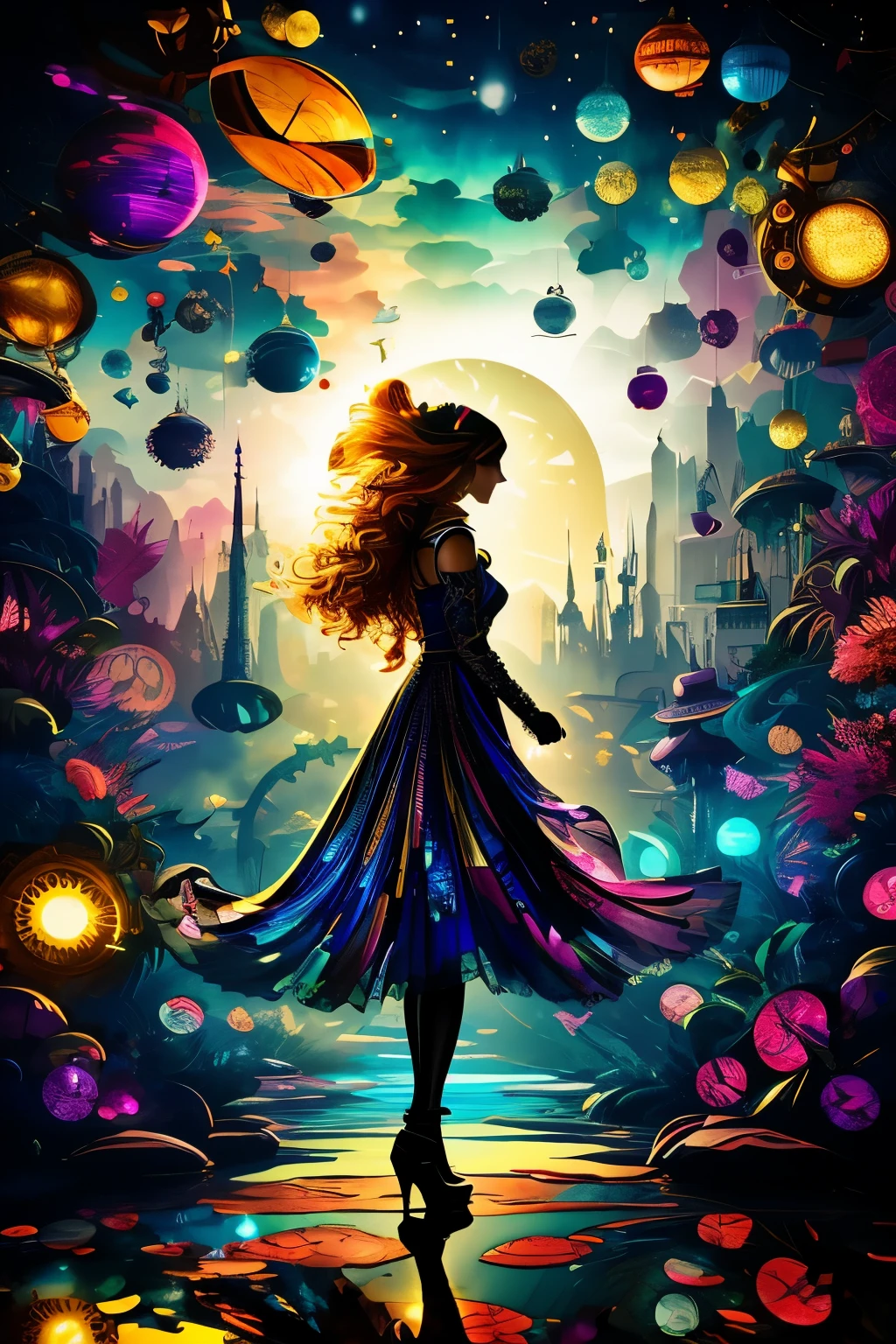 shadow art, fusion art, silhouette art, flash art, masterpiece, beautiful woman's shadow reflected on transparent and translucent curtains, short messy hair, wind, wind-effect, blend art, mixture art, design art, BREAK, background masterpiece mysterious and mystical worldview like Alice in Wonderland, kaleidoscope of clockpunk, steampunk, dieselpunk, and (Cyberpunk:0.7), Falling glittering celestial bodies painted with shattered colorful iridescent gemstones