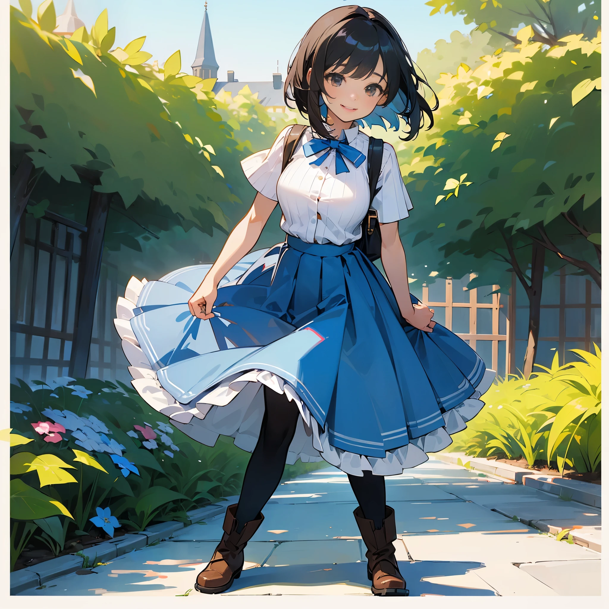 (high quality, High resolution, Very detailed, reality:1.37), Peaceful atmosphere, (Outdoor, garden), age girl standing alone, (my breasts are big.), Beautiful detail features, Cute Smile, (Black bob hair), Short sleeve ribbed sweater, Blue Skirt, black tights, Brown boots.