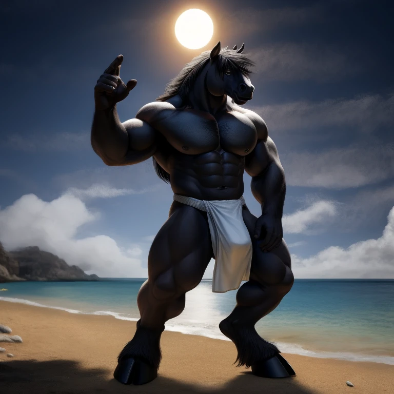 Furry, Antro, [Horse color Gris Plateado Brillante metal] , Half side pose , [Fundoshi Bulto Male Big], [Fundoshi Blanco ajustado], Solo, [Bulto Male Big], Hooves , Big Balls, Detallado 4k, cuerpo completo, cuerpo furry silver dark, Fonde de Desierto con Eclipse solar Total, Eyes Pupil Marron, Alta resolucion, Black Hair