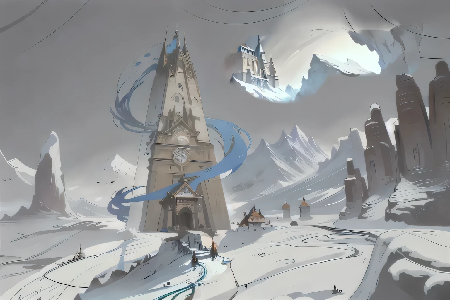 there is a painting，The painting shows a tower in the middle of a snowy landscape, mage tower in the distance,Technique, Concept ArtTechnique for a video game, Concept ArtTechnique，anime, anime style, ray tracing, drop shadow, UHD, retina, best quality, highres, ccurate