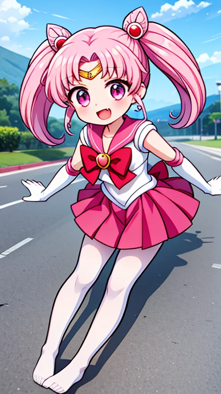 Sailor Moon，young年，Seven years old，cute，（Little Loli），Pink hair twintails，short hair，Sailor Suit，red bow，White elbow gloves，Red Skirt，no shoes，Open your mouth，laughing out loud，Fangs，(White pantyhose),soles of feet，Soles，(young)，(The body is small and delicate)，sit