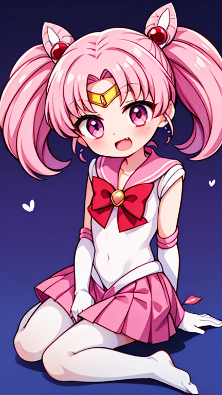 Sailor Moon，young年，Seven years old，cute，（Little Loli），Pink hair twintails，short hair，Sailor Suit，red bow，White elbow gloves，Red Skirt，no shoes，Open your mouth，laughing out loud，Fangs，(White pantyhose),soles of feet，Soles，(young)，(The body is small and delicate)，sit