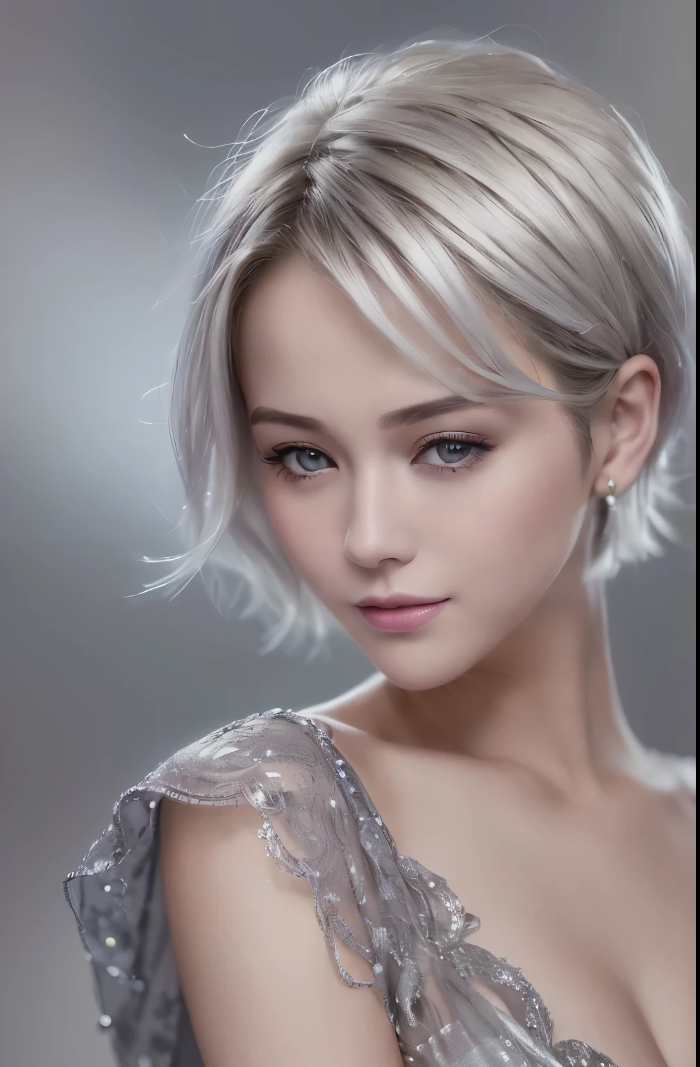 (8k, photorealistic, RAW photo, top quality: 1.4), (1girl), super beautiful, (realistic face), (boyish, silver color berry short hair), beautiful bride, seduce viewer, beautiful expression, beautiful breasts, (realistic skin), beautiful smile, (lovely dress), charming, ultra high definition, ultra realistic, high definition, spoiled