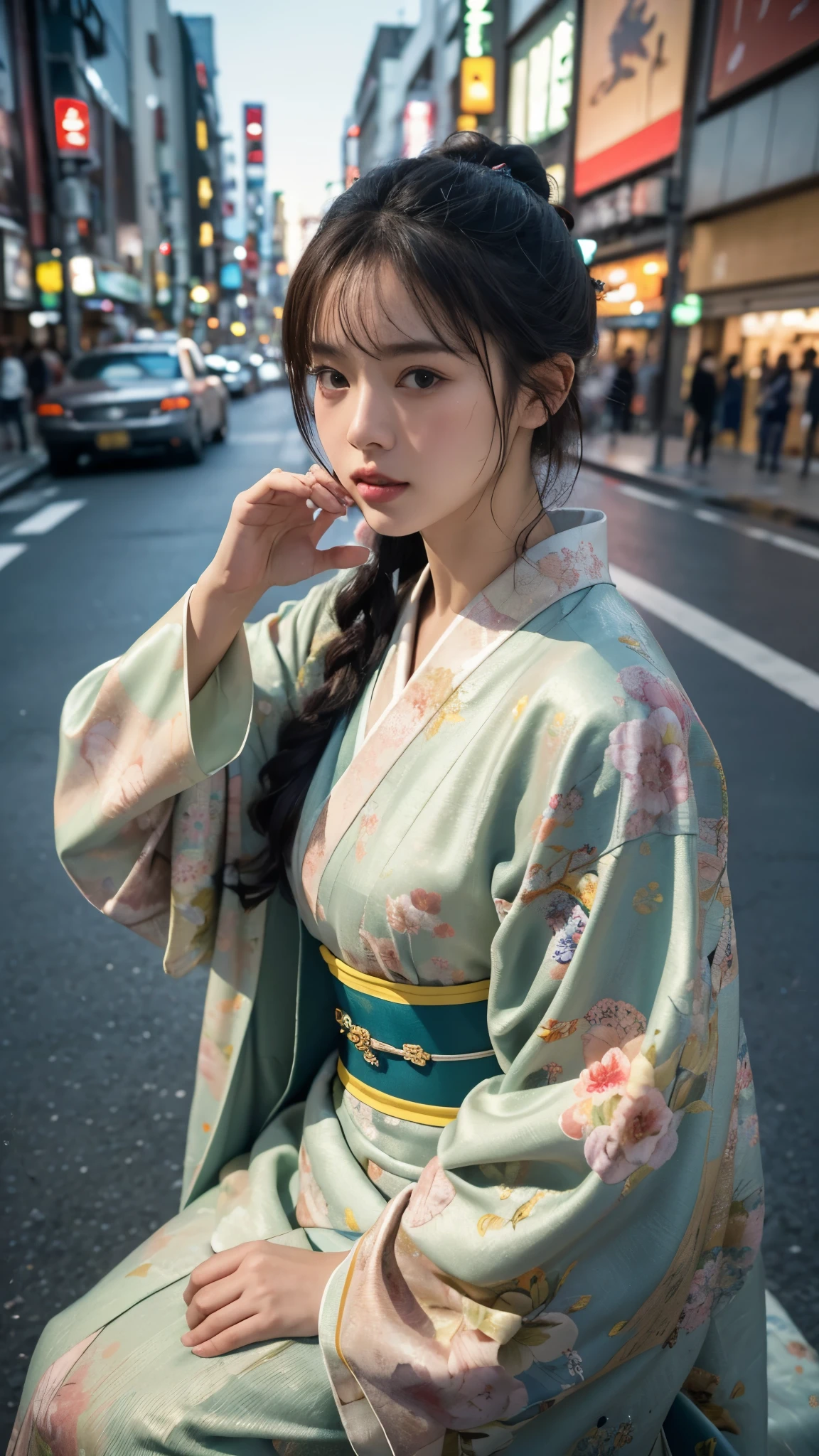 photography in the style of detailed hyperrealism,(Look at the camera: 1.5),cinematic composition,sky,dof,perfectly focused, Peter Doig,Nan Goldin,fantasy, creature in a kimono sits in the middle of the street,Tokyo,close up, hyper detailed,intricate,poster,artstation,