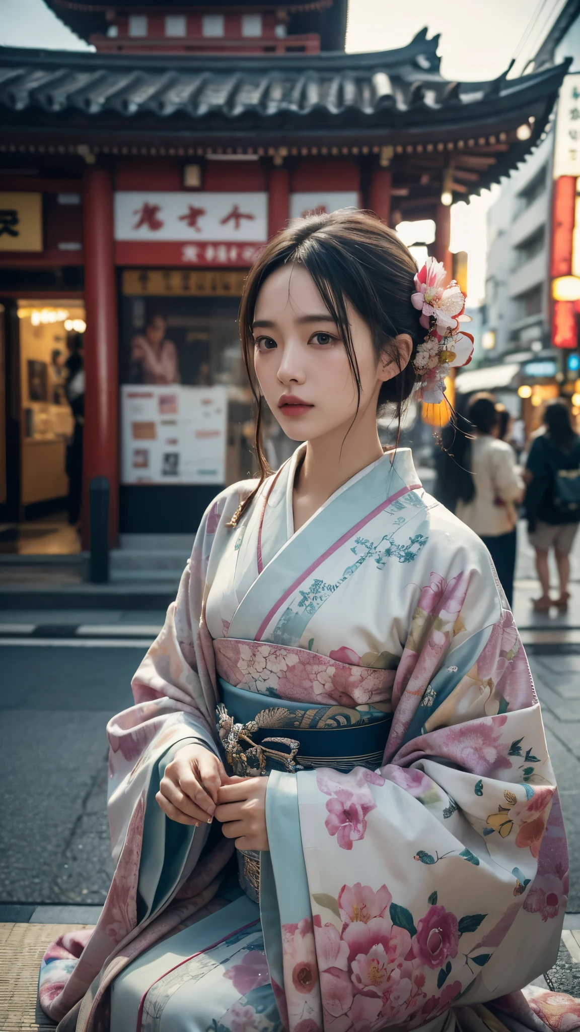 photography in the style of detailed hyperrealism,(Look at the camera: 1.5),cinematic composition,sky,dof,perfectly focused, Peter Doig,Nan Goldin,fantasy, creature in a kimono sits in the middle of the street,Tokyo,close up, hyper detailed,intricate,poster,artstation, 