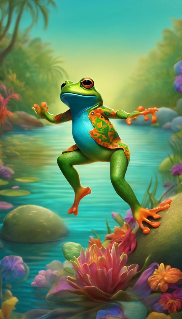 The frog rolls up his sleeves and dances in the colorful sea, cartoon hand drawn