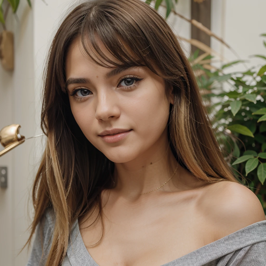 of the highest quality、Obra maestra 8k、Ultra high resolution、(realista:1.3)、foto cruda、Hermosa chica escandinava rubia brillante、Hermoso cabello rubio platino brillante、super long straight hair、golpes entre los ojouy hermosos ojos azul claro brillante.、ojos muy grandes、Eyes shining towards the camera.、neon details、small face beauty、Cara redonda、resaltado de brillo de mejillas、Pechos grandes y atractivos,A beautiful girl looks sexy and cute. & Linda cara hermosa y sexy, El fuerte viento me mueve el pelo delante de la cara.,Beautiful super long metallic blonde straight hair with beautiful cute and sexy eyes hidden behind long bangs、Camisa ombligo、Minifalda muy corta de cuadros amarillos y negros.、Turn around and look at me with a smile、