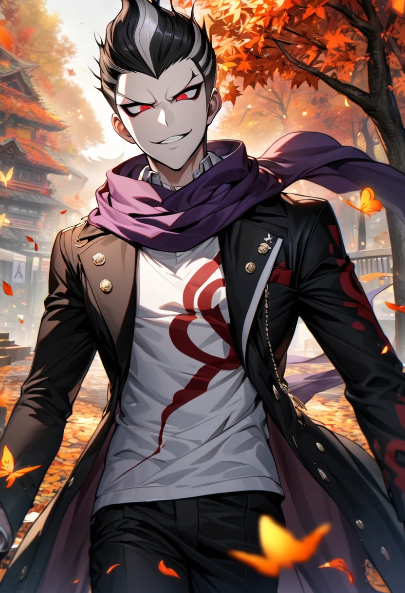 Ultra detailed, Highres, absurdres, HDR, Tanaka Gundham, red eyes, black hair, Danganronpa, orange leaves, petals, butterflies, handsome, 1 man, black long coat, white tight t-shirt, autumn, black pants, purple scarf, smirking