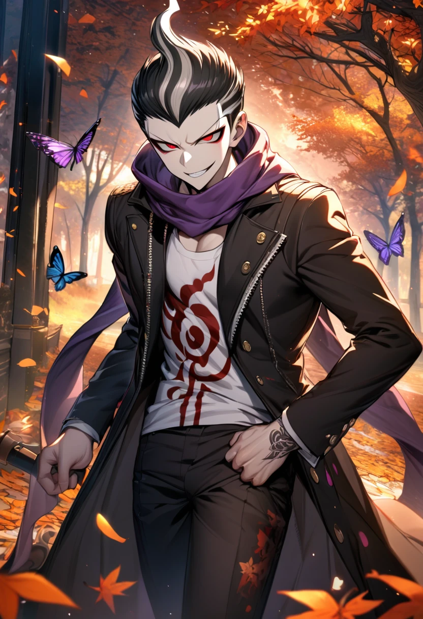 Ultra detailed, Highres, absurdres, HDR, Tanaka Gundham, red eyes, black hair, Danganronpa, orange leaves, petals, butterflies, handsome, 1 man, black long coat, white tight t-shirt, autumn, black pants, purple scarf, smirking