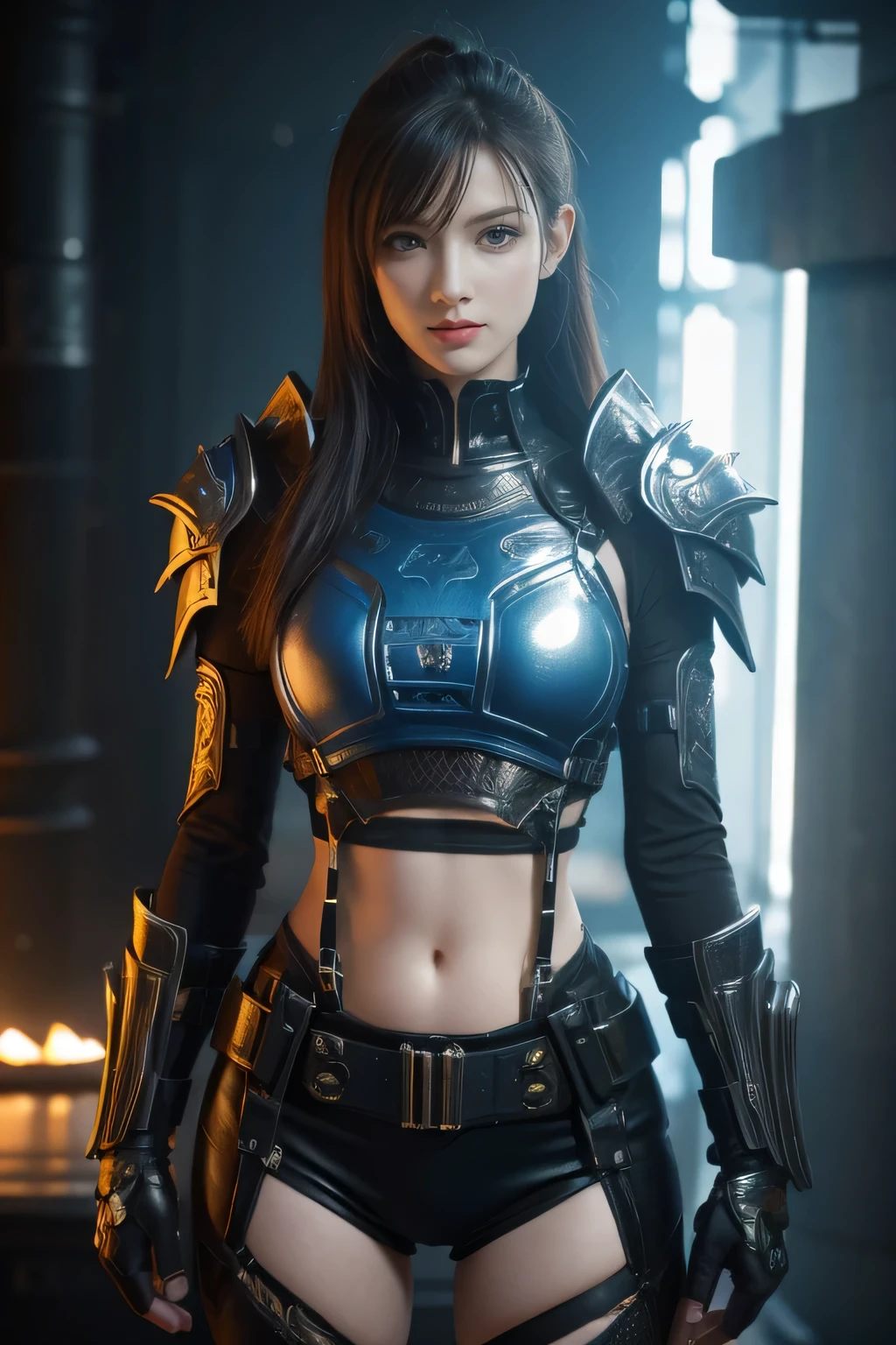 masterpiece,best quality,high resolution,8k,(Portrait Photos:1.5),(R Original Photo),real picture,Digital Photography,(A fusion of cyberpunk and fantasy),(Female Soldiers),20 year old girl,Feel free to hairstyle,By Bangs,(Blue Eyes, Accessories,Red lips,(He frowned,sneer),(Combination of cyberpunk and fantasy style clothing,hollow-carved design,Combined Armor,,Classic Girls Clothing),Show your belly button,Photo poses,Realistic style,Thunder and lightning on rainy day,(Thunder magic),oc render reflection texture