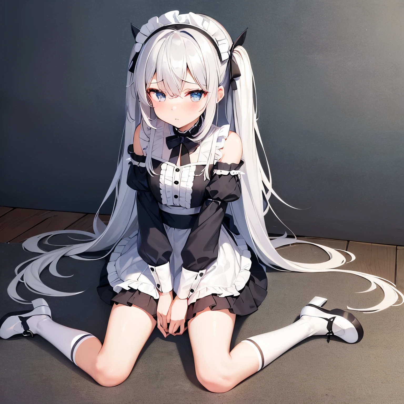 (highest quality),whole body,(one cute girl),wearing black ta dress,(silver hair,light blue eye,mini skirt,white thigh-high socks,platform footwear),(embarrassed1.3,blush),shopping street,sitting,noon,((wariza:1.4)),