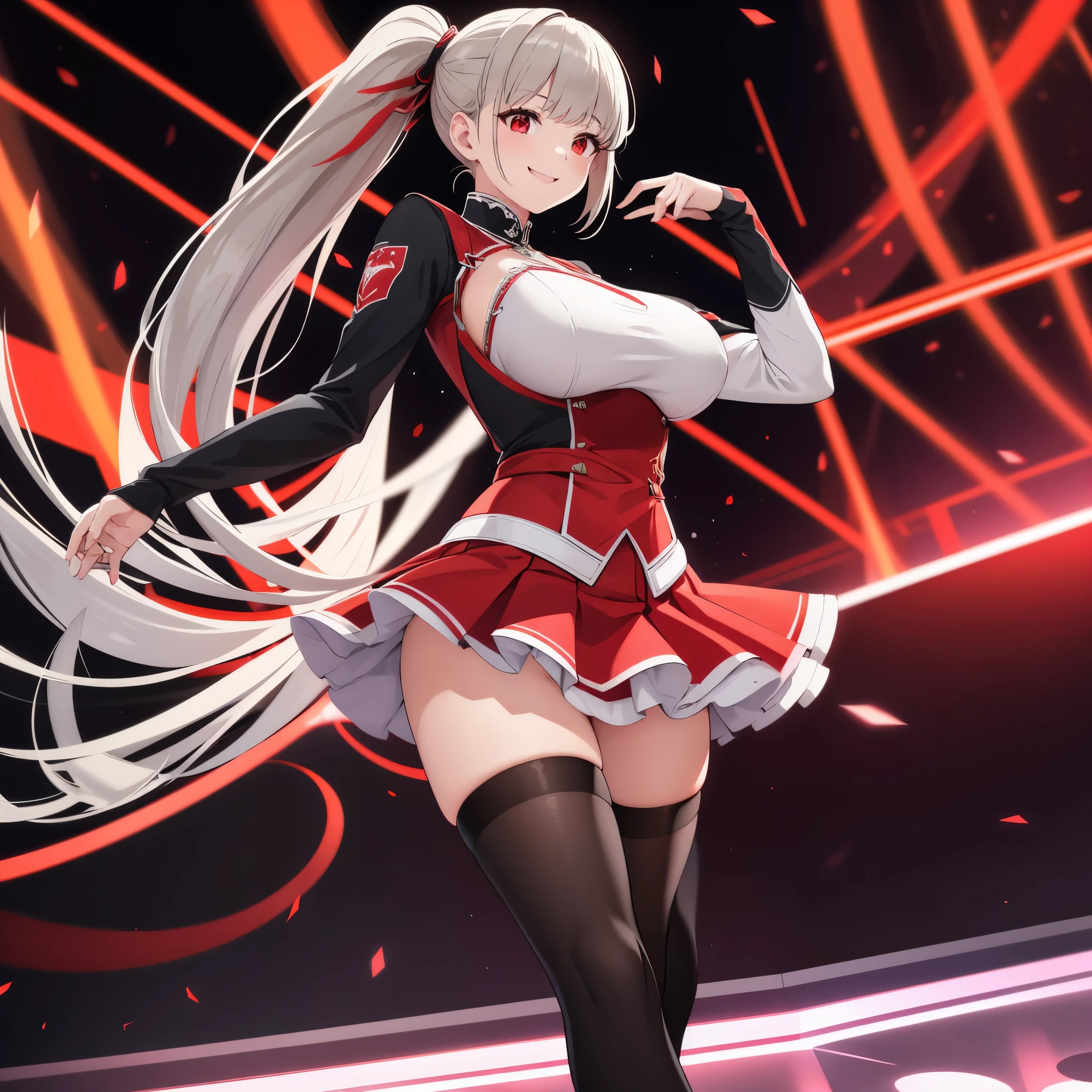 A woman wearing a gray idol uniform with red details, short skirt, black women's long socks, big breasts, smiling, long gray hair, ponytail hair, red eyes, on an idol music stage with red, white, orange lights, HDR, ultra resolution, well defined, masterpiece, 8K HD. (solo woman)
