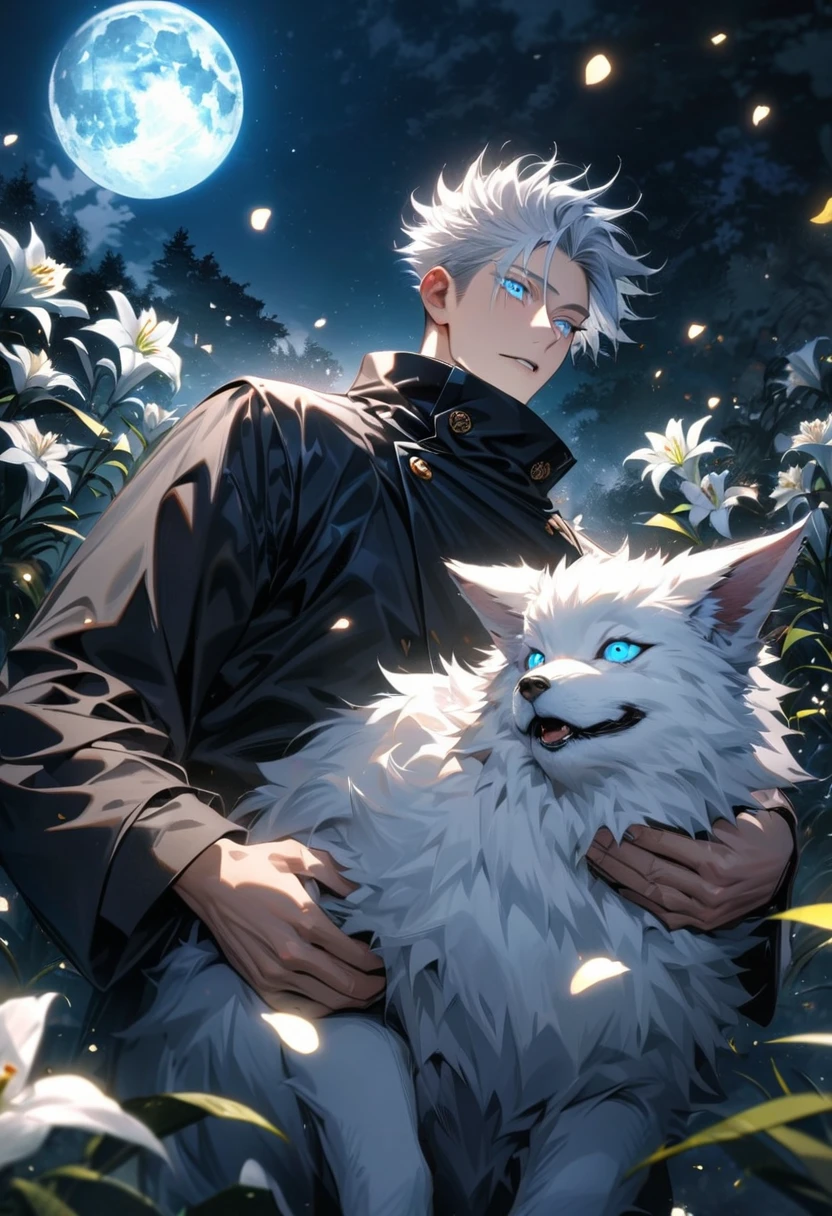 absurdres, highres, ultra detailed, HDR, master piece, best quality, Gojo Satoru, white hair with bangs, expressive blue eyes, white eyelashes, Jujutsu Kaisen, 1man, handsome, black coat, holding a fluffy small white fox, petals, white lilies, moon, fireflies