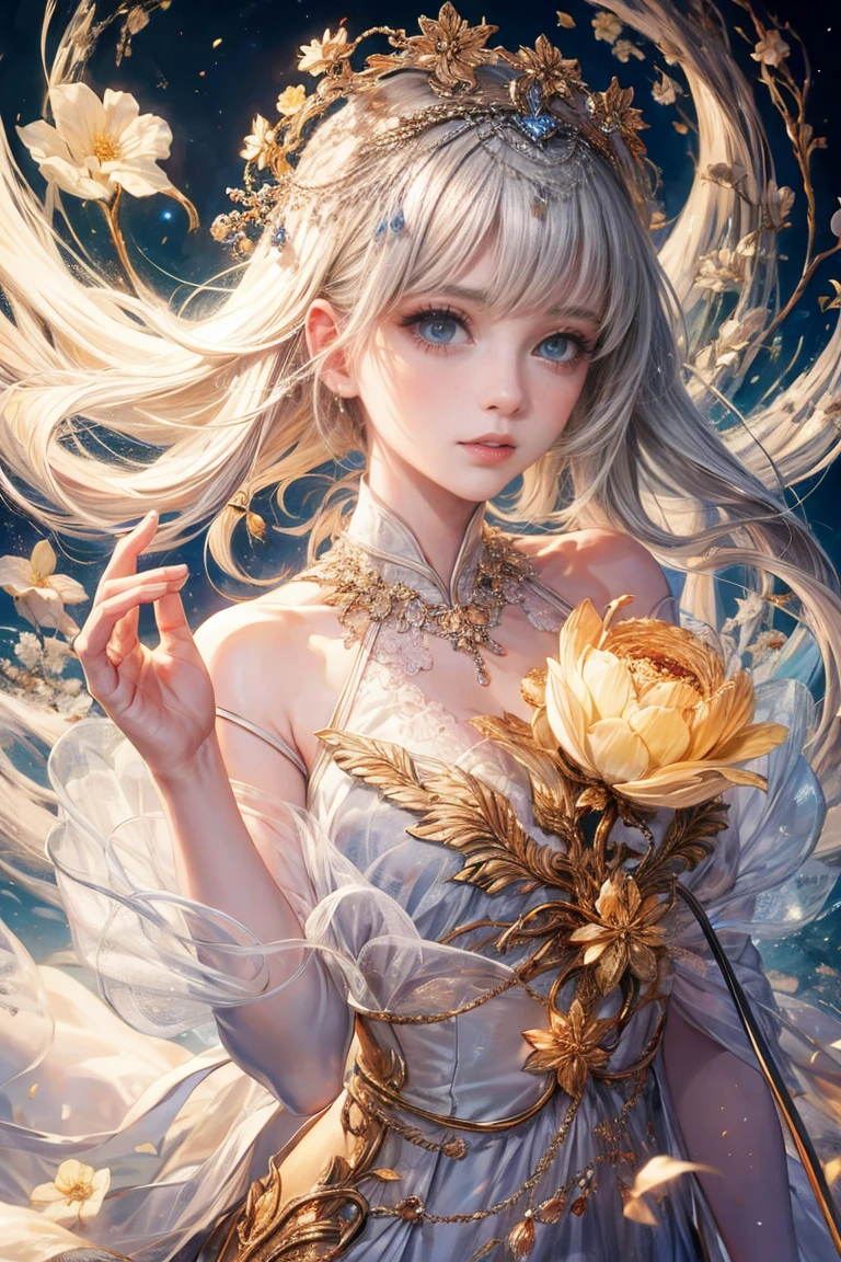 (highest quality, 8k, CG, beautiful and detailed upper body, , Thumb Girl, transparent coat dress, Floral Background, complex facial features, length, floating hair, Almond Eye, exquisite eye makeup, length eyelashes fluttering, blink big eyes, Starry Sky, Delicate lip detail, Soft and harmonious style)