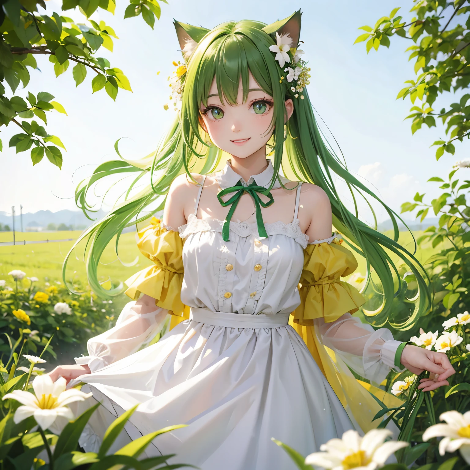 A cat wearing a bright yellow-green ribbon、Hair light yellow green、yellow-green eyes、white clothes、smile、with white flowers、grass、garden